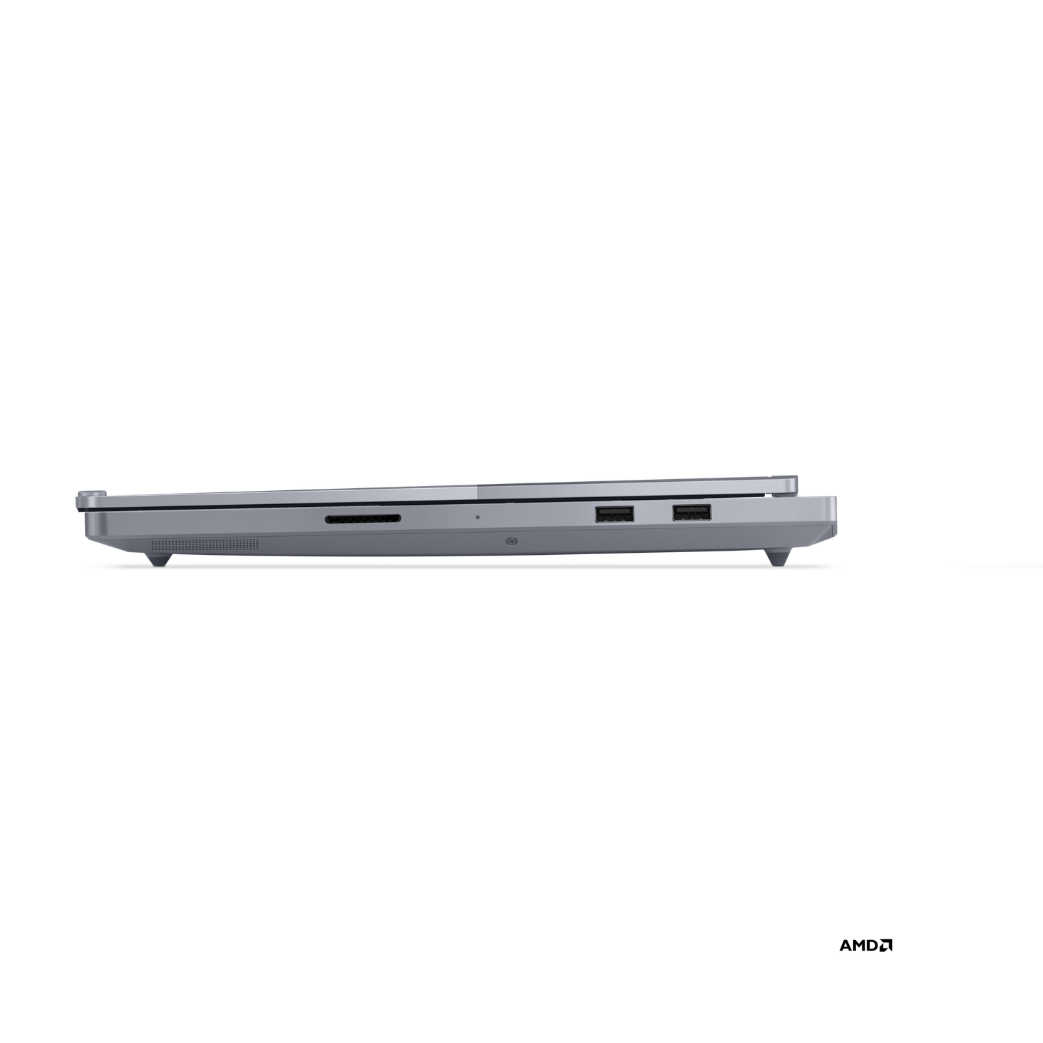 Side view of a silver laptop. Ports and vents are visible on the side. It is against a black background.