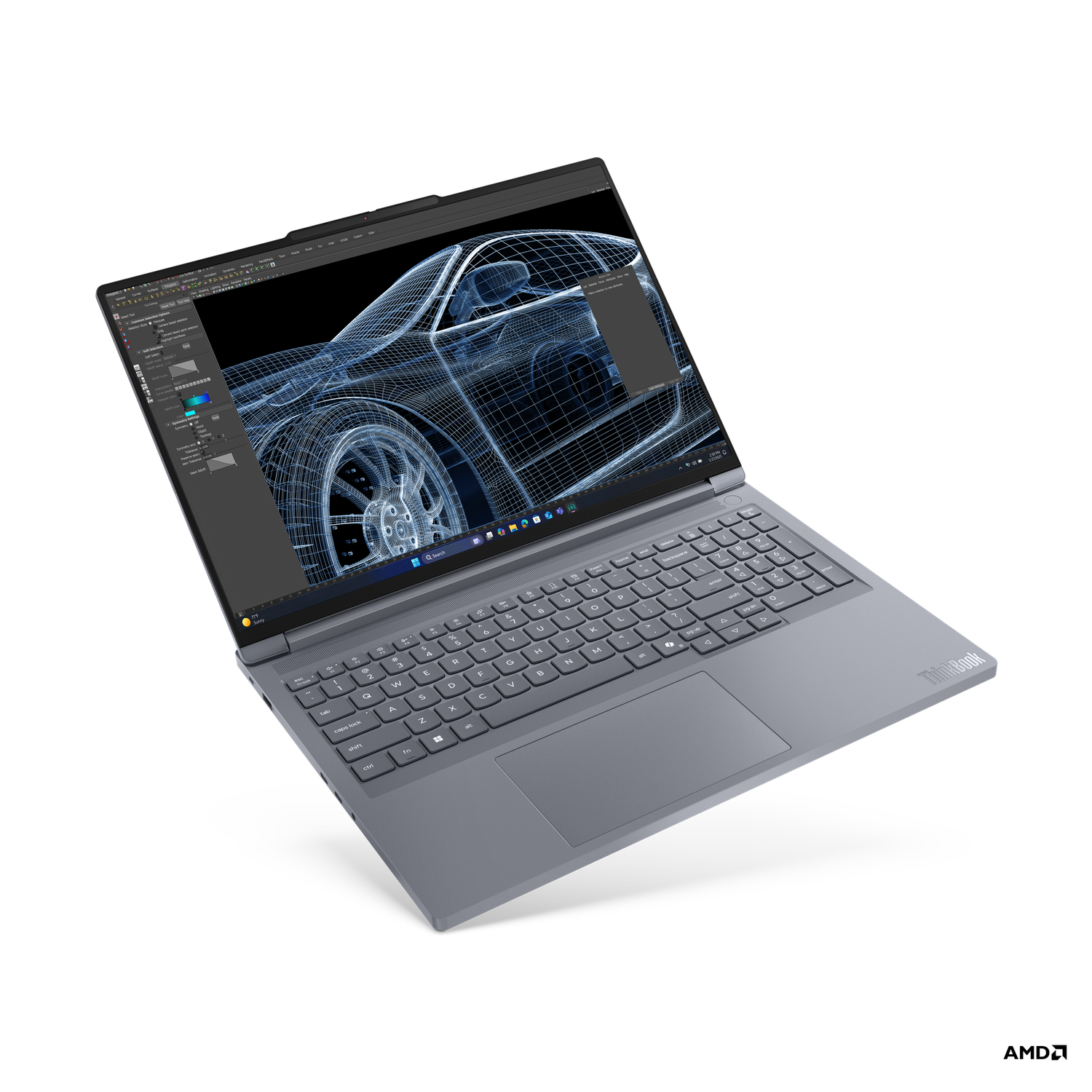 A ThinkBook laptop displays a 3D car model on its screen. The laptop is open, showing the keyboard and trackpad, on a black background.