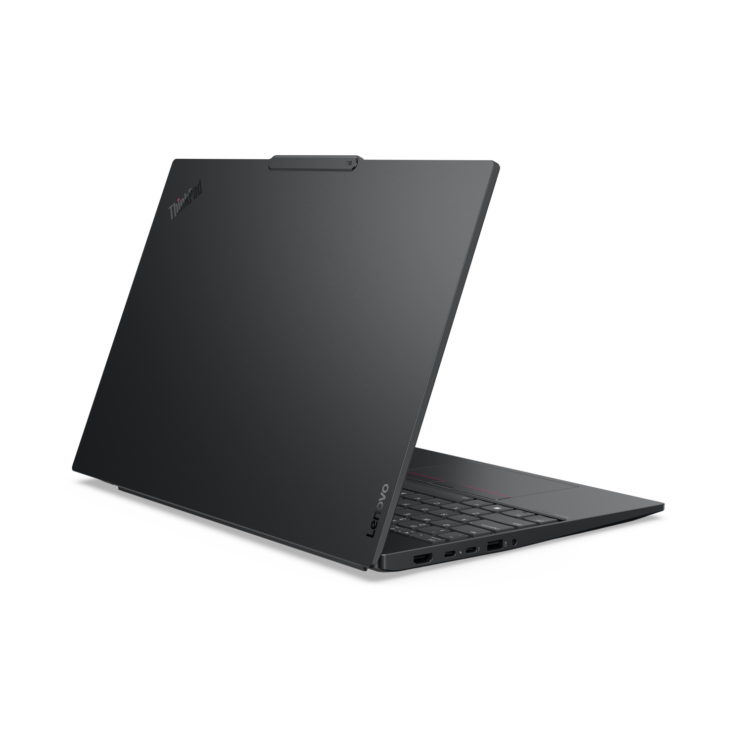 A black Lenovo ThinkPad laptop is open on a black surface. The screen is open with the keyboard visible.