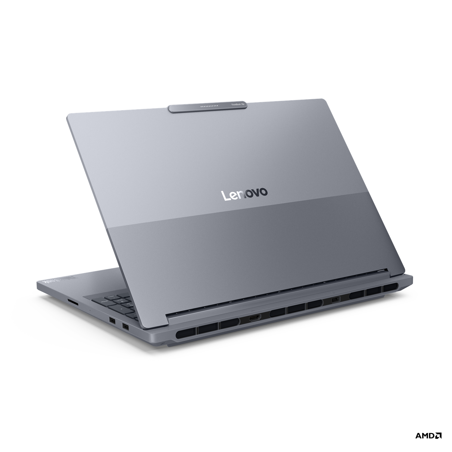 Gray Lenovo laptop open on a black background. The Lenovo logo is visible. The keyboard and ports are also visible.