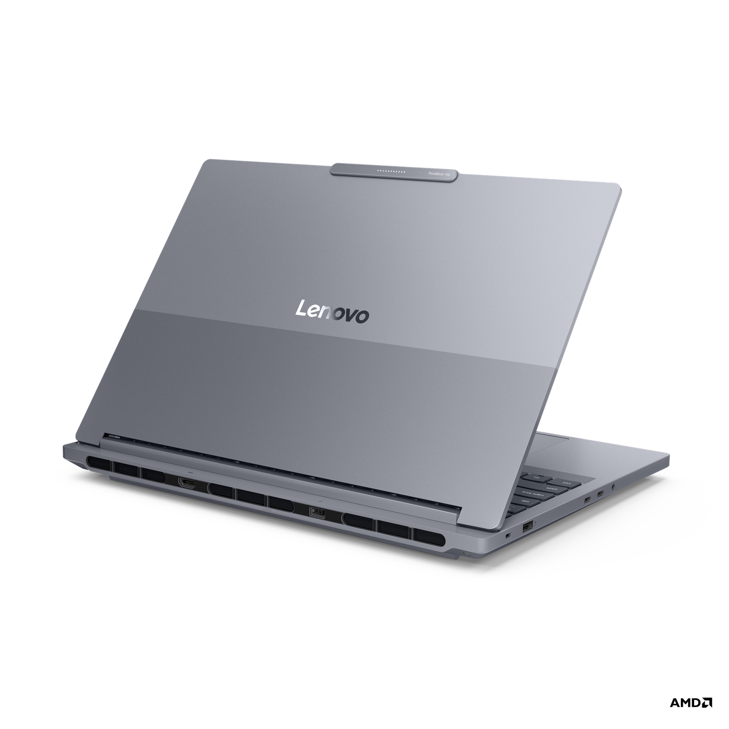 A gray Lenovo ThinkBook 16p laptop is open, showing the keyboard and ports, on a black background.