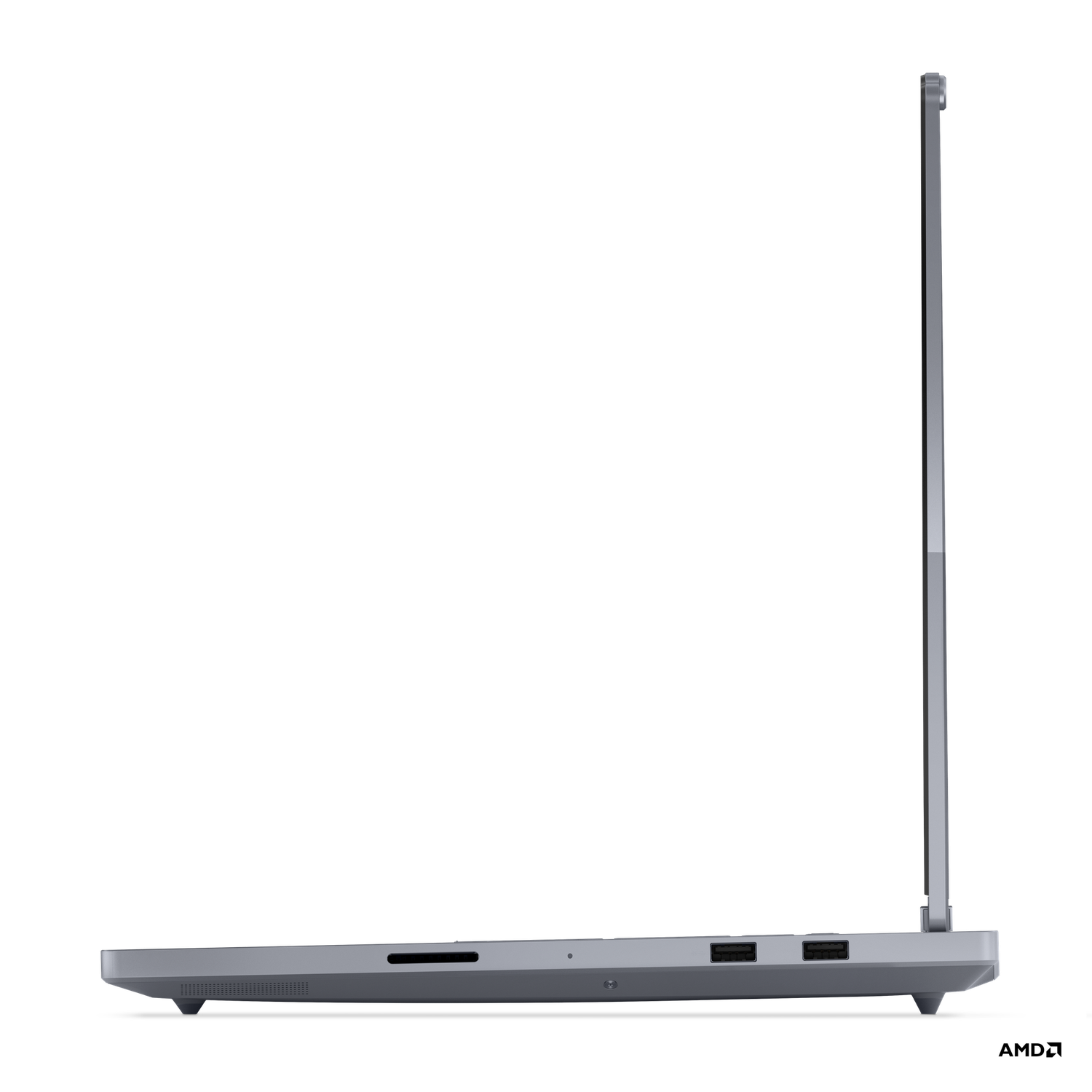 Side view of a silver laptop. The screen is open. Shows ports like USB and SD card slot. The background is black.