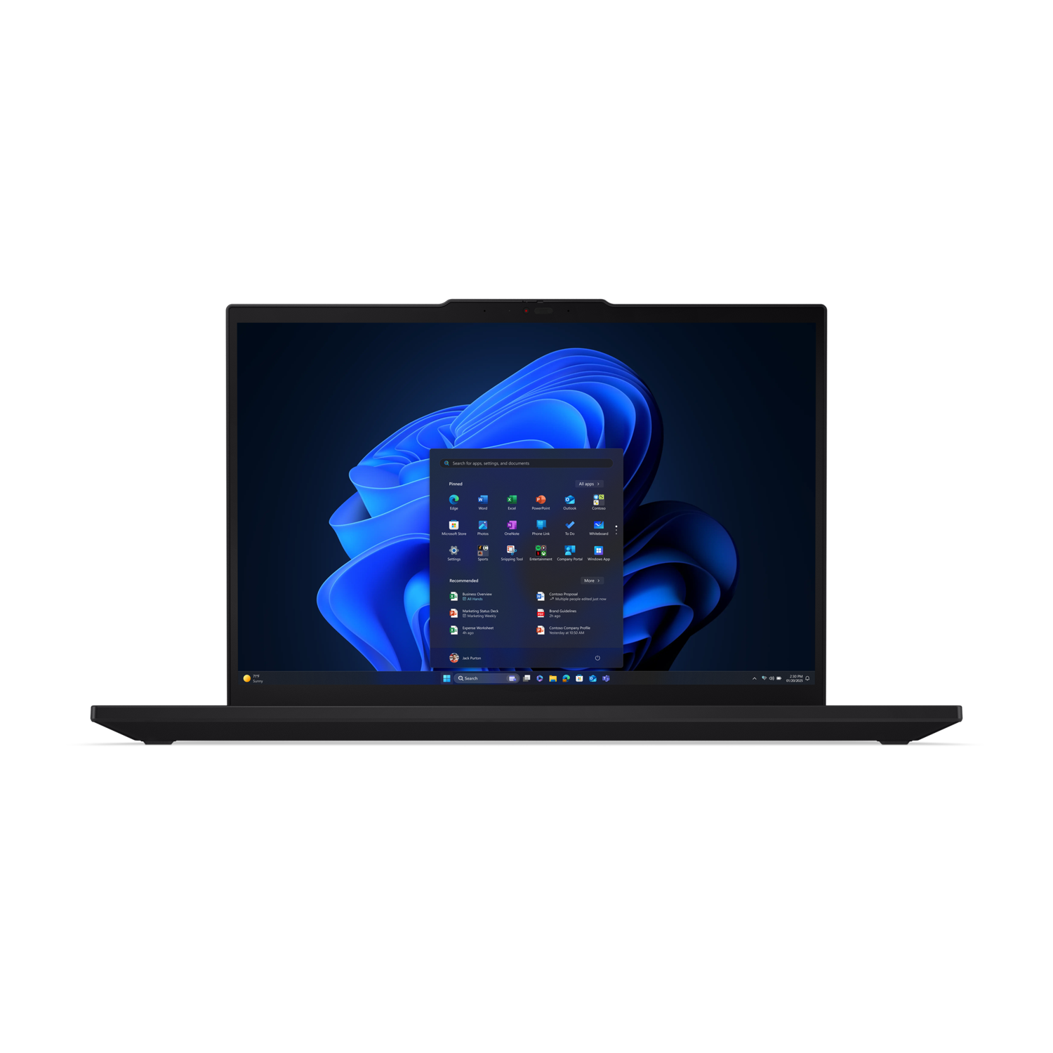 Black laptop displaying Windows 11 interface. The screen shows app icons and a blue abstract background. The laptop sits on a dark surface.