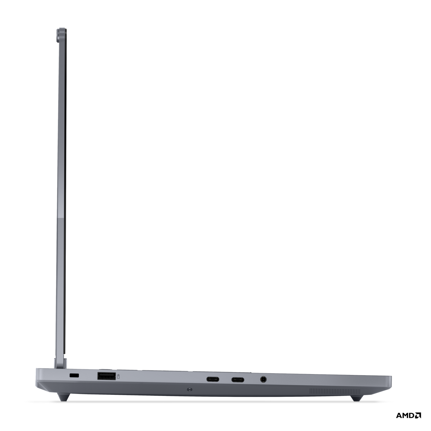 Side view of a gray laptop. The screen is open. Ports are visible on the side. The background is black.