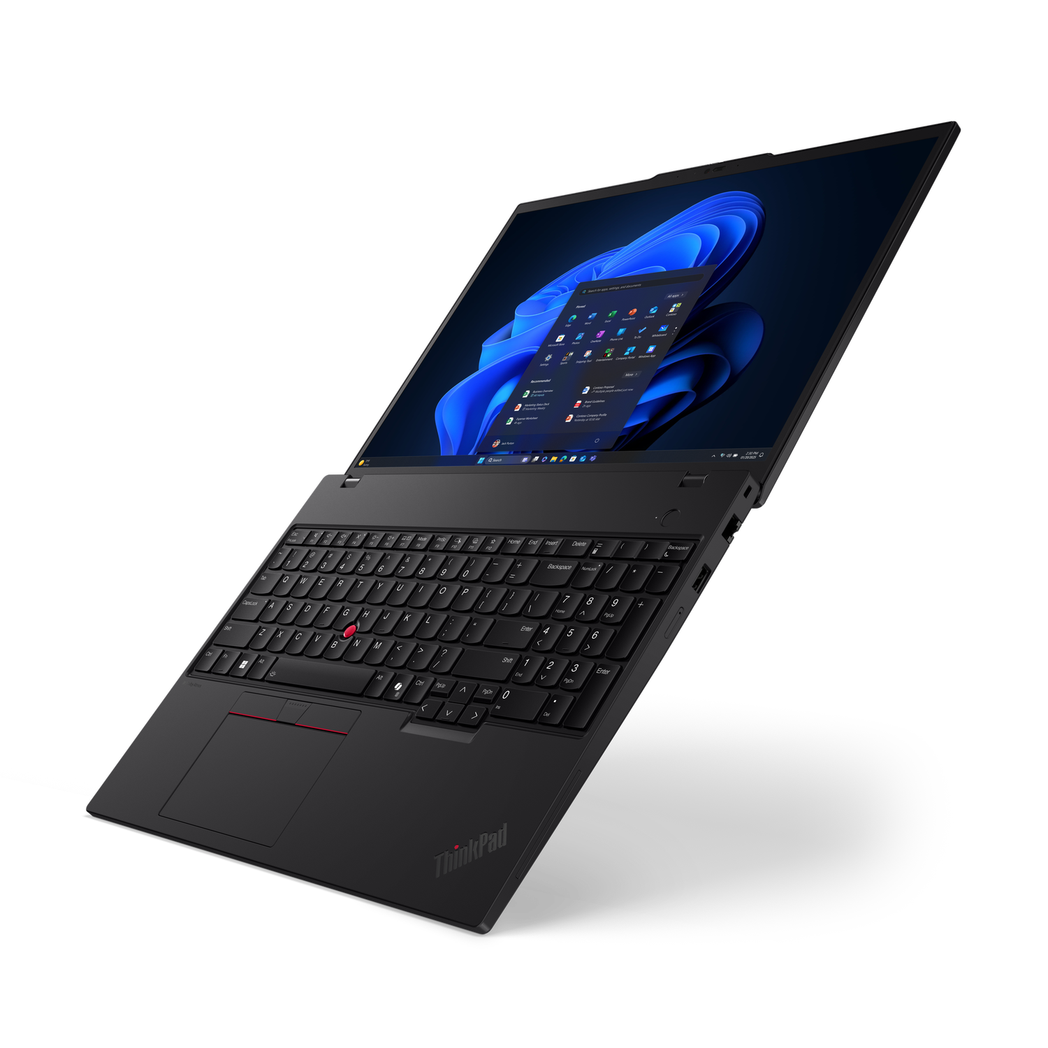 A black ThinkPad laptop is angled open, displaying a Windows 11 interface. The keyboard is visible, with a red TrackPoint.