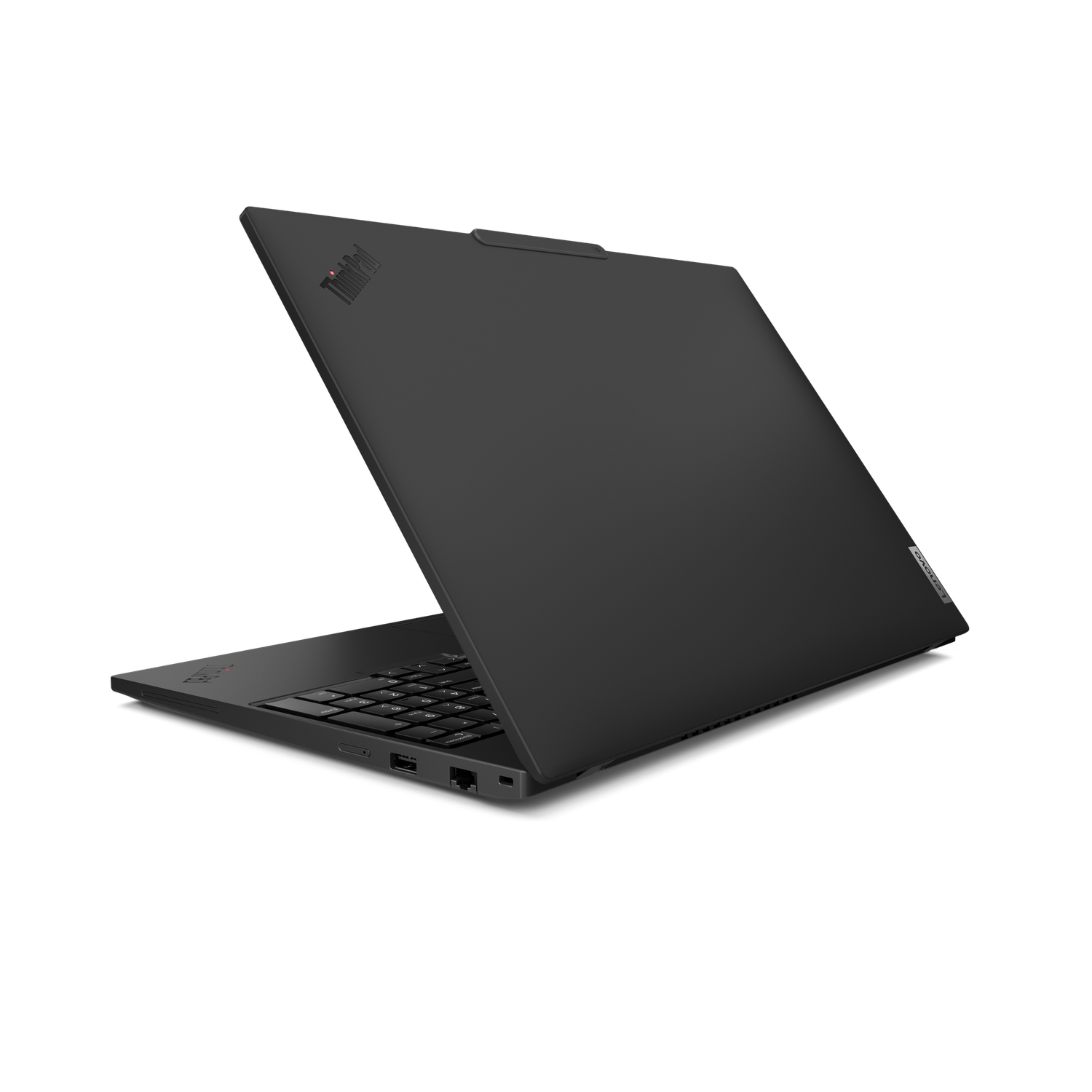A black ThinkPad laptop is open, angled slightly. The keyboard is visible, and the Lenovo logo is on the lid, against a black background.