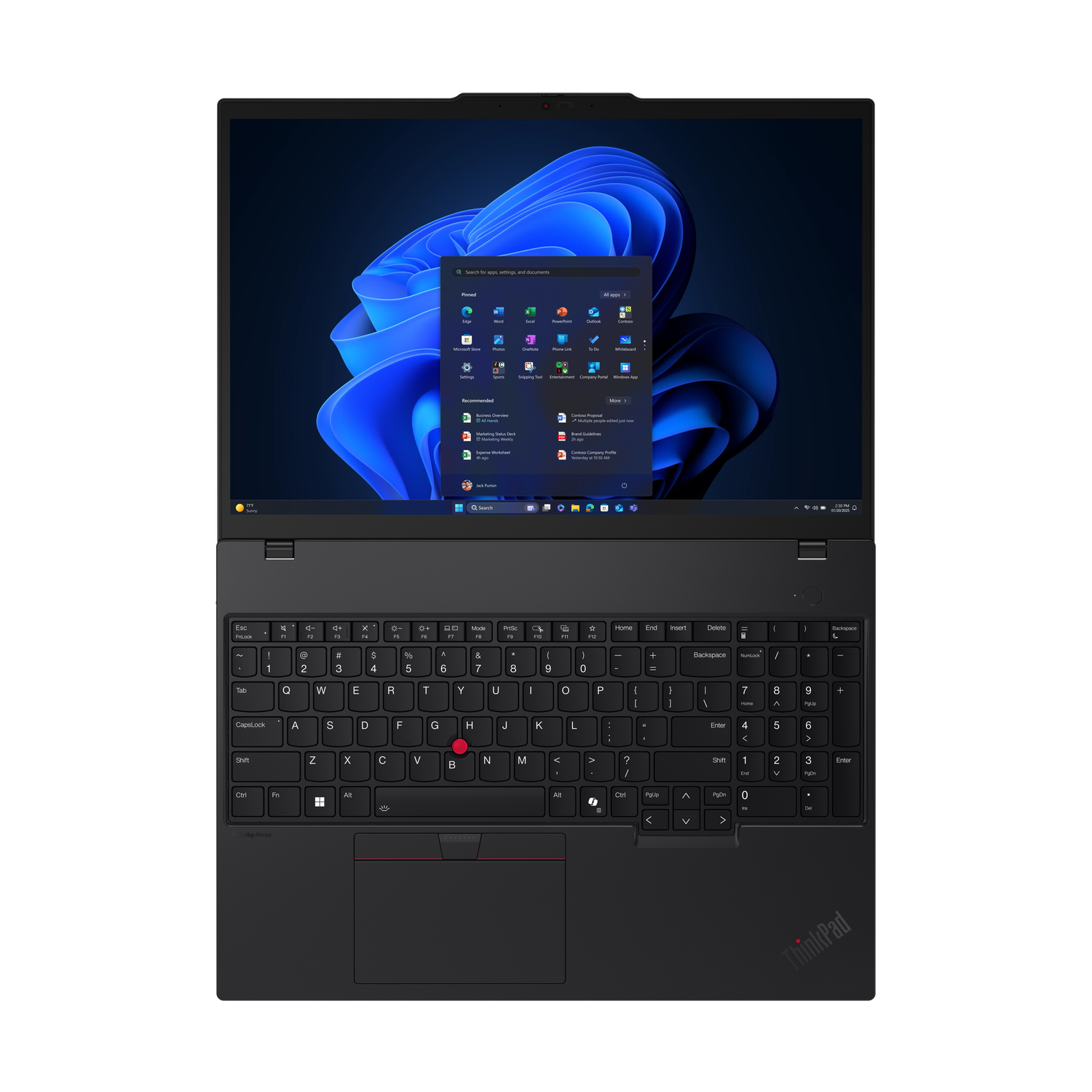 Black ThinkPad laptop open, showing Windows 11 desktop. Keyboard visible, with the screen displaying apps and start menu.