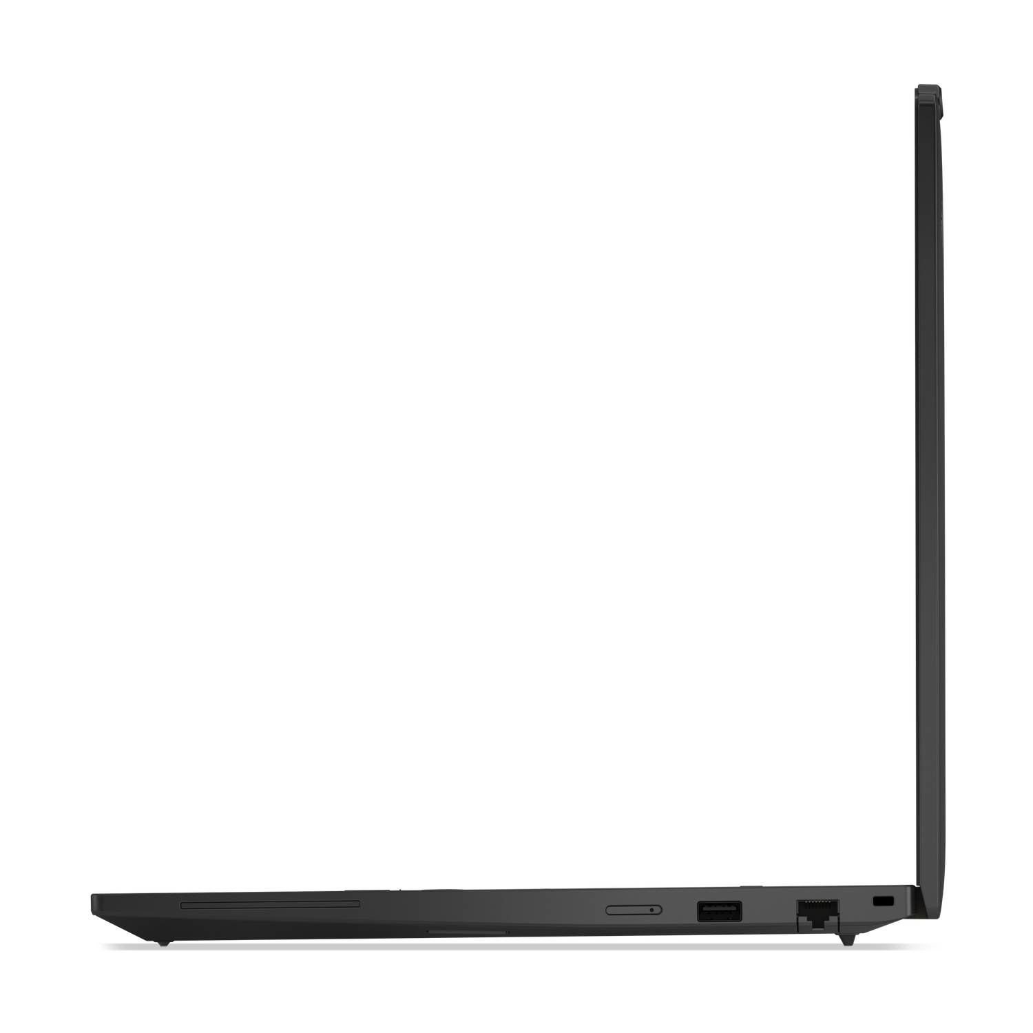 Side view of a black laptop. Display closed, ports visible on the side. Dark background.