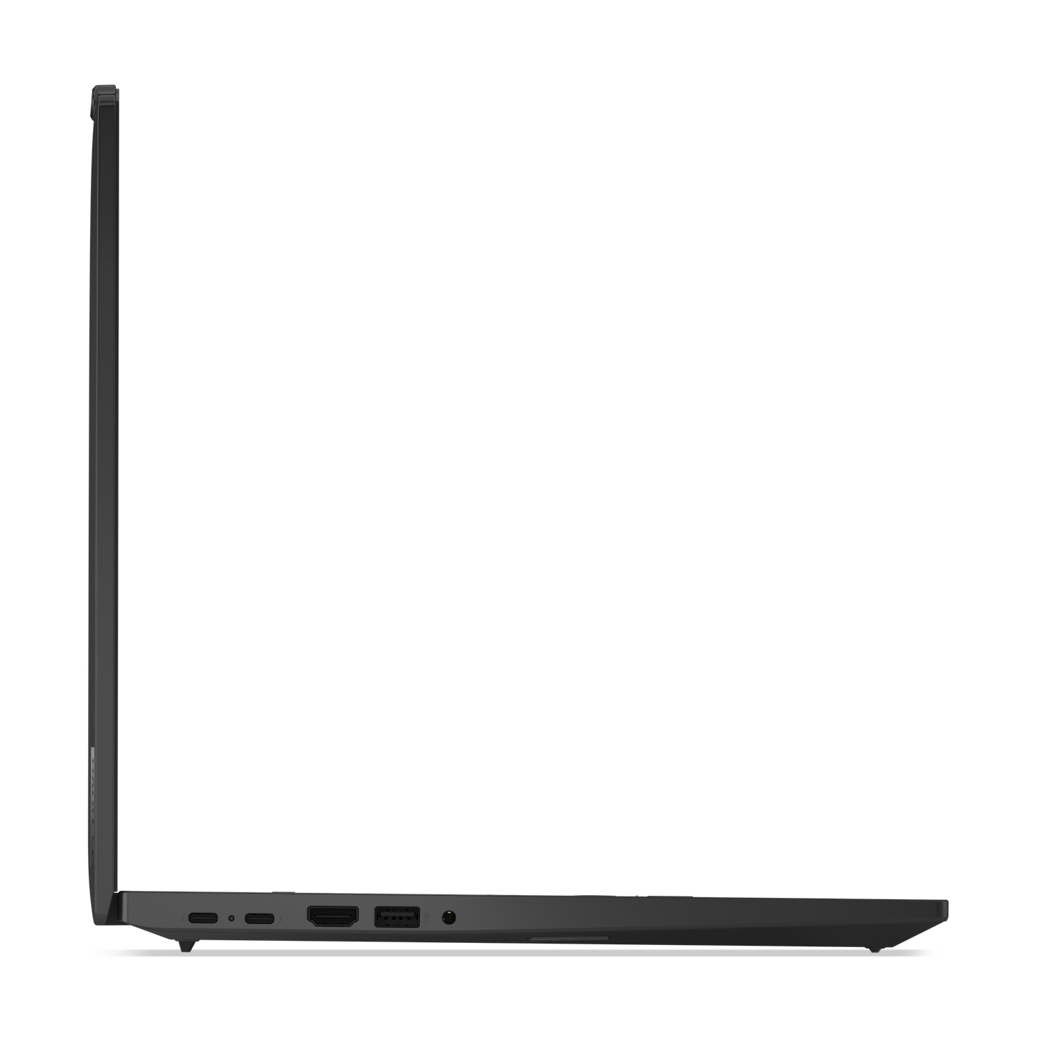 Side view of a dark gray laptop. Visible ports include USB-C, HDMI, and USB. The laptop is open and displays the screen.