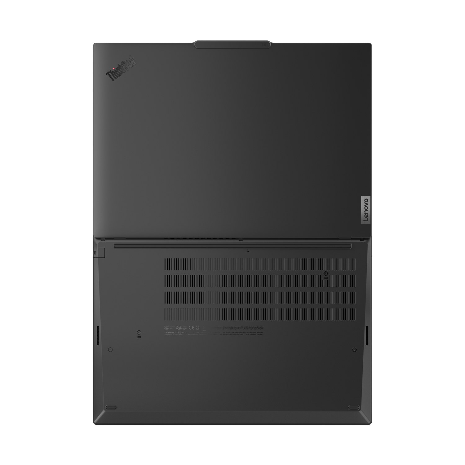 A black Lenovo Thinkpad laptop, viewed from above. The screen is open, showing the keyboard and bottom panel. Thinkpad logo visible.