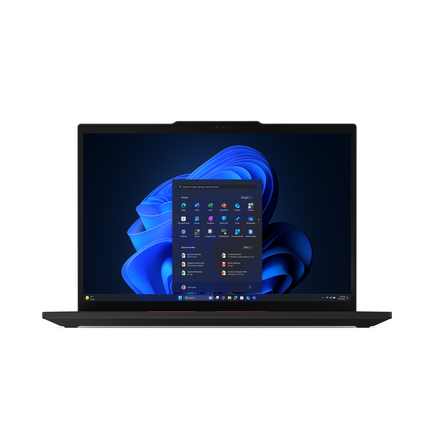 Een zwarte laptop toont het Windows 11 startmenu. Het scherm toont app-iconen en een zoekbalk. De laptop is open op een donker oppervlak.