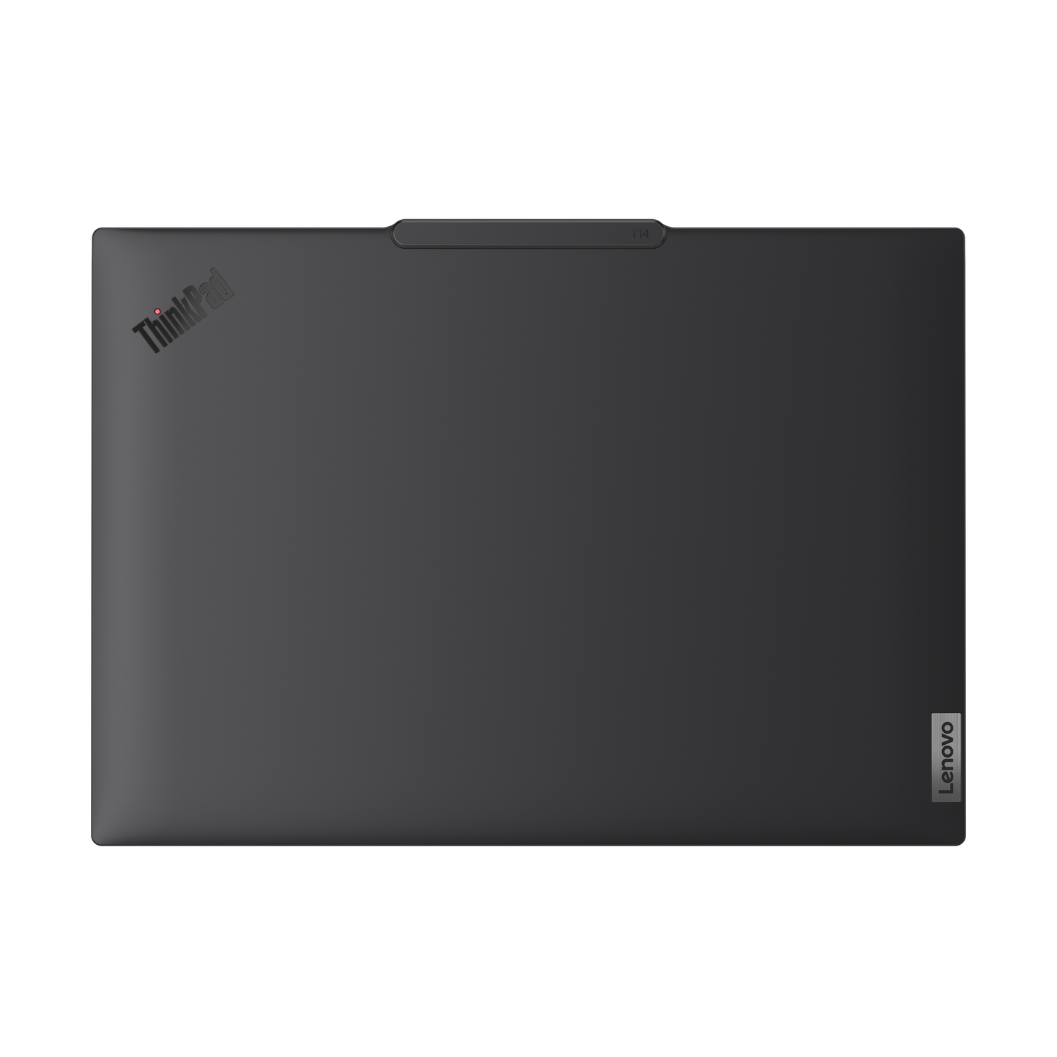 Een donkergrijze Lenovo ThinkPad laptop op een zwarte achtergrond. ThinkPad-logo linksboven, Lenovo-logo rechtsonder.