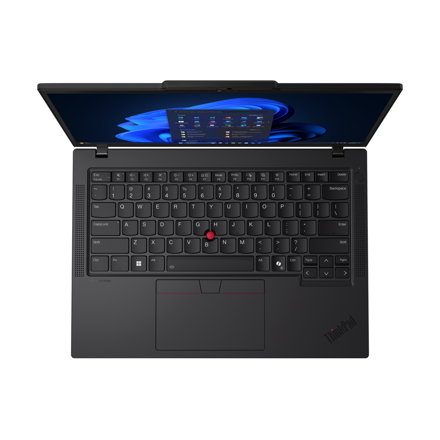 Zwarte ThinkPad laptop, opengeklapt om een scherm met app-iconen te tonen. Toetsenbord zichtbaar met rode trackpoint. Zwarte achtergrond.