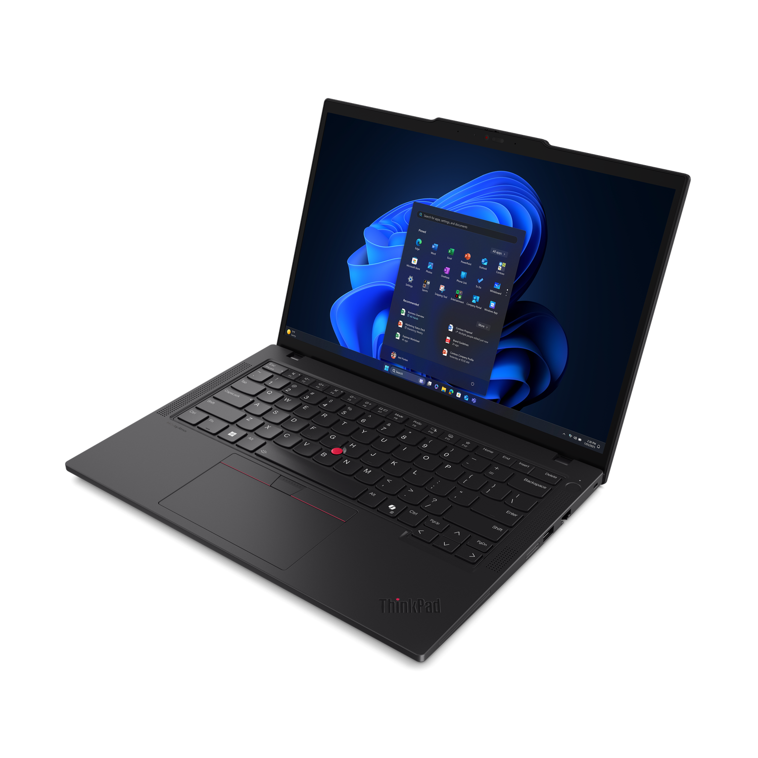 Een zwarte Lenovo ThinkPad laptop is open, met een Windows 11 bureaublad met app-iconen. Toetsenbord en touchpad zijn zichtbaar.