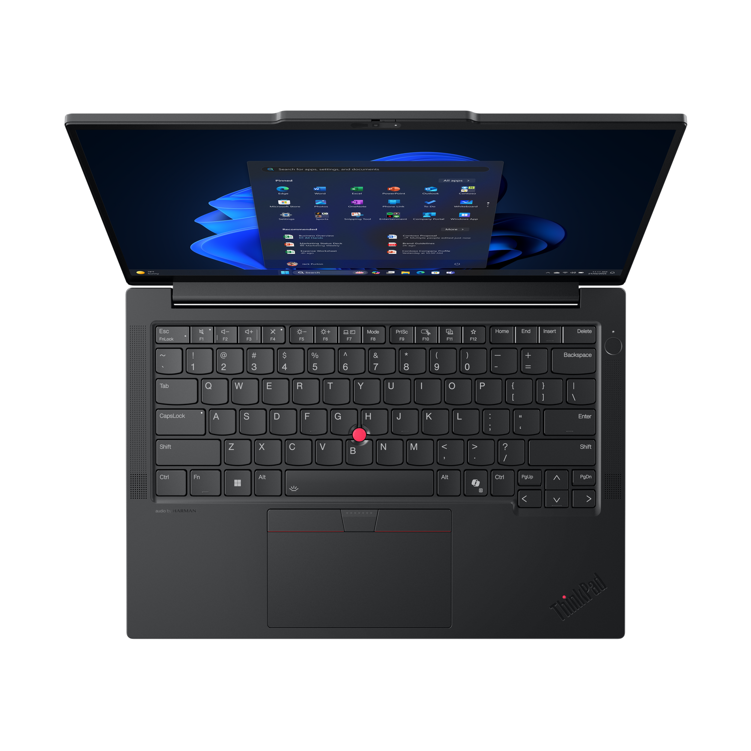 A black ThinkPad laptop is open, displaying a Windows interface. Keyboard and touchpad are visible. The screen shows apps.