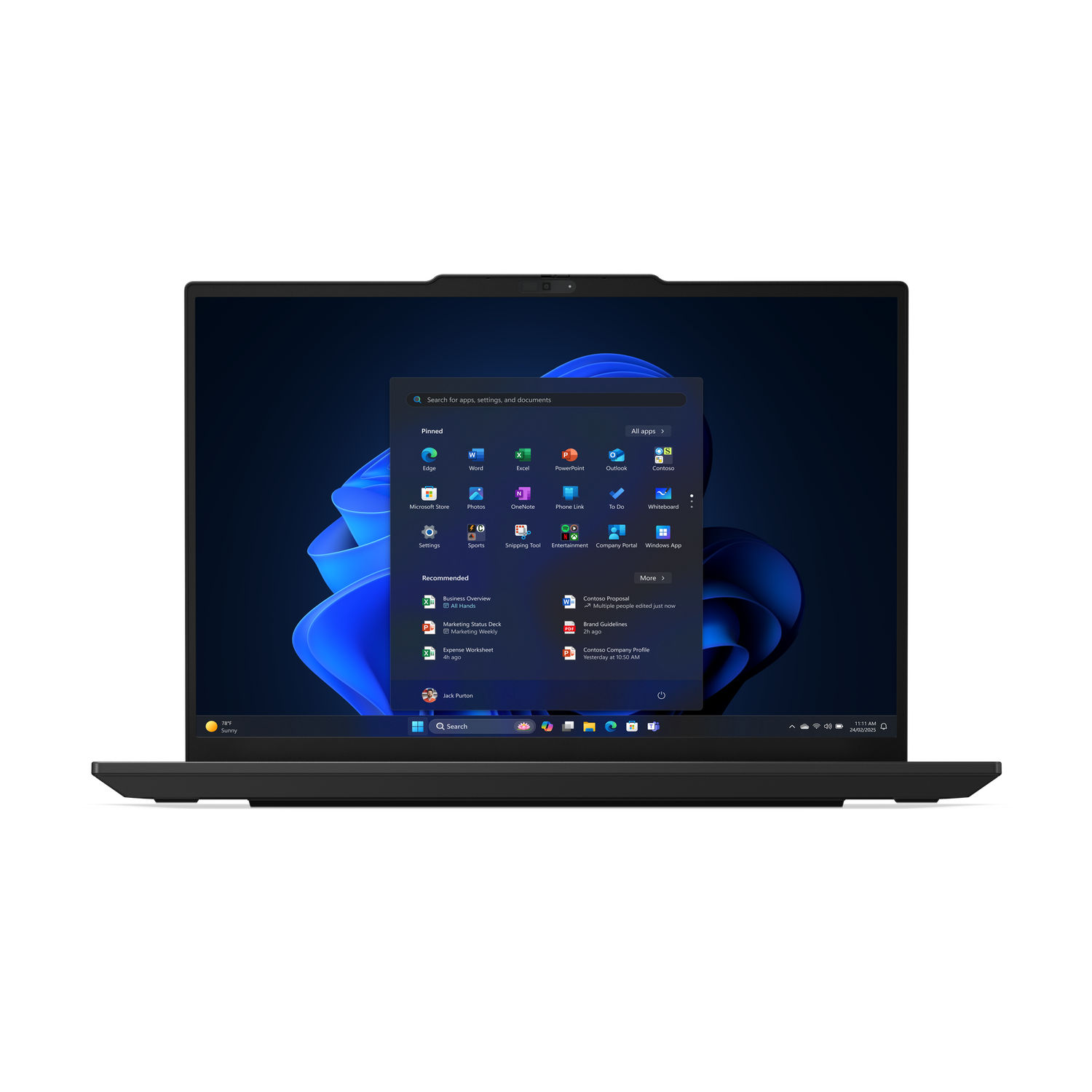 A laptop displays the Windows 11 interface with a start menu open. Icons include Microsoft Store, Word, Excel, and others.