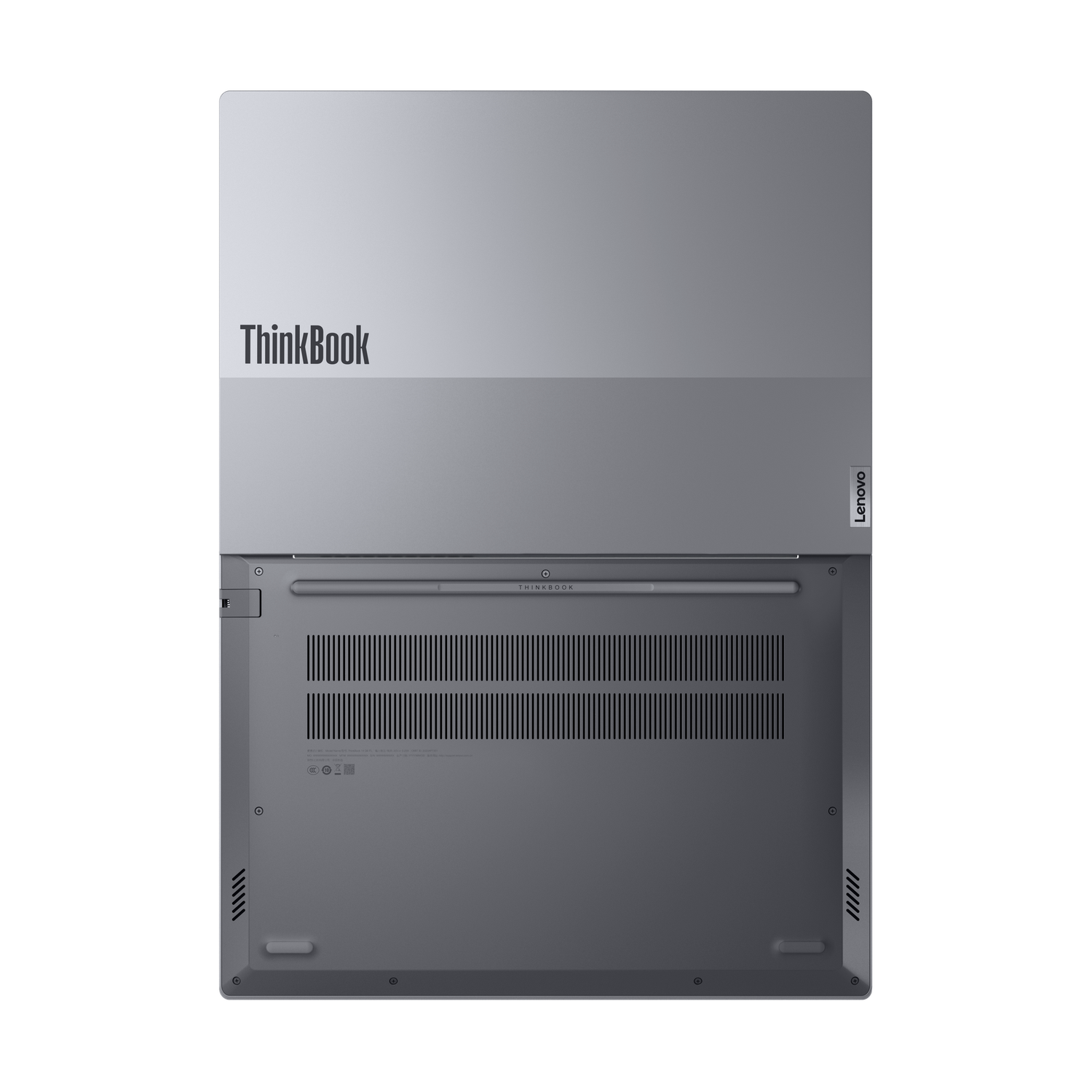 Top view of a silver Lenovo ThinkBook laptop. The ThinkBook logo is visible. The back of the laptop is gray with a Lenovo logo.
