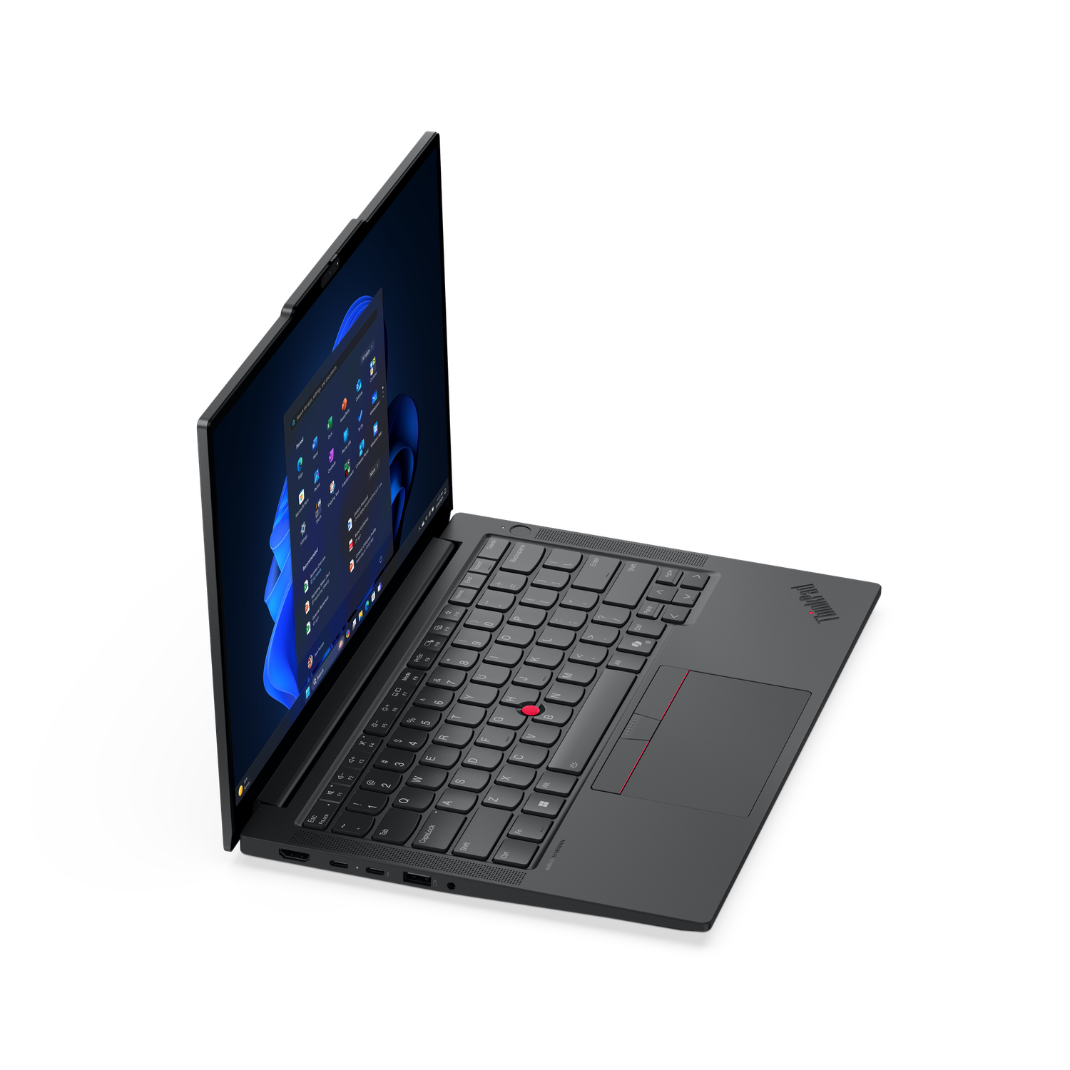 A black laptop is open, displaying a Windows interface on the screen. The keyboard and touchpad are visible, with a red trackpoint.