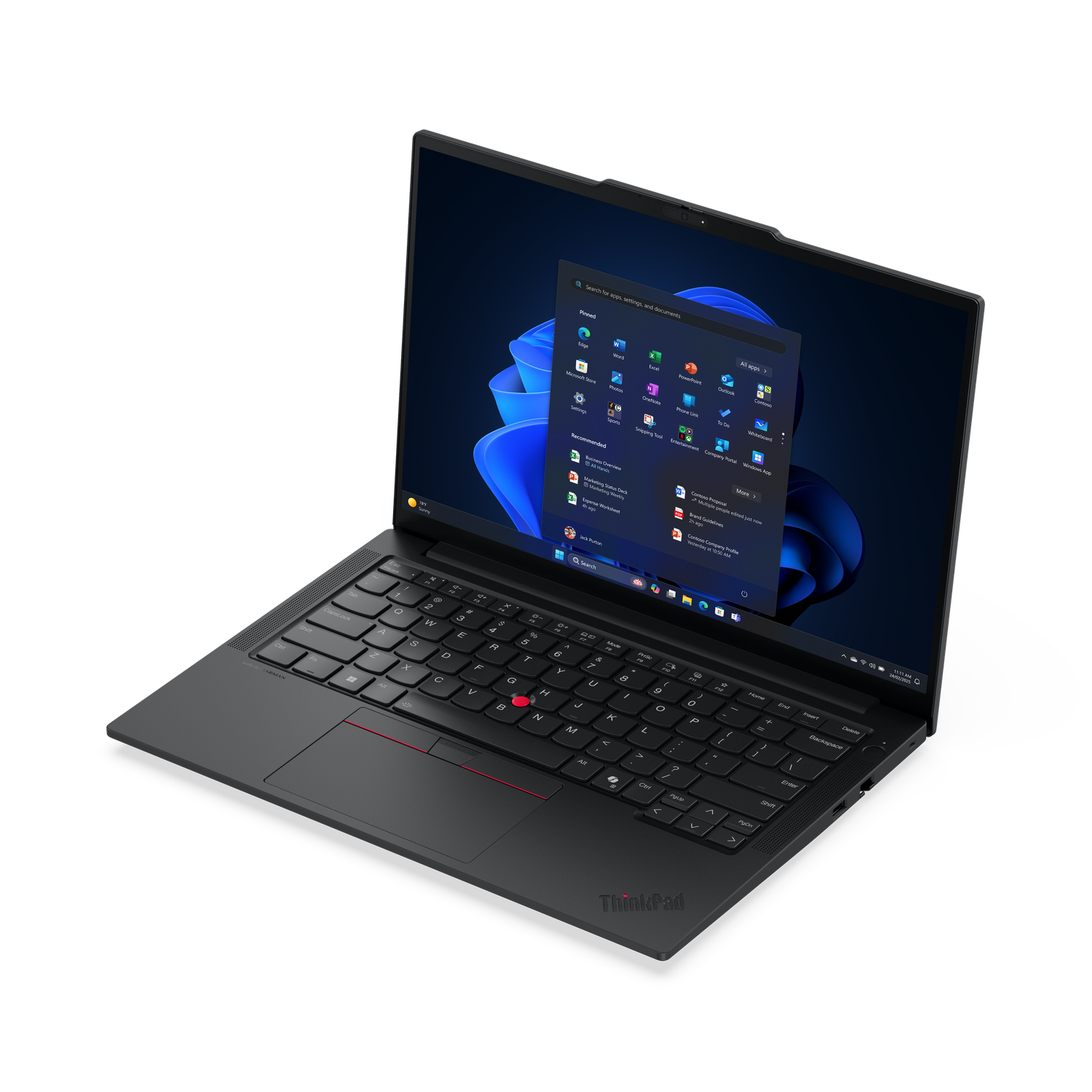 Black ThinkPad laptop open, showing Windows interface. Keyboard visible, with a red trackpoint. Dark background.