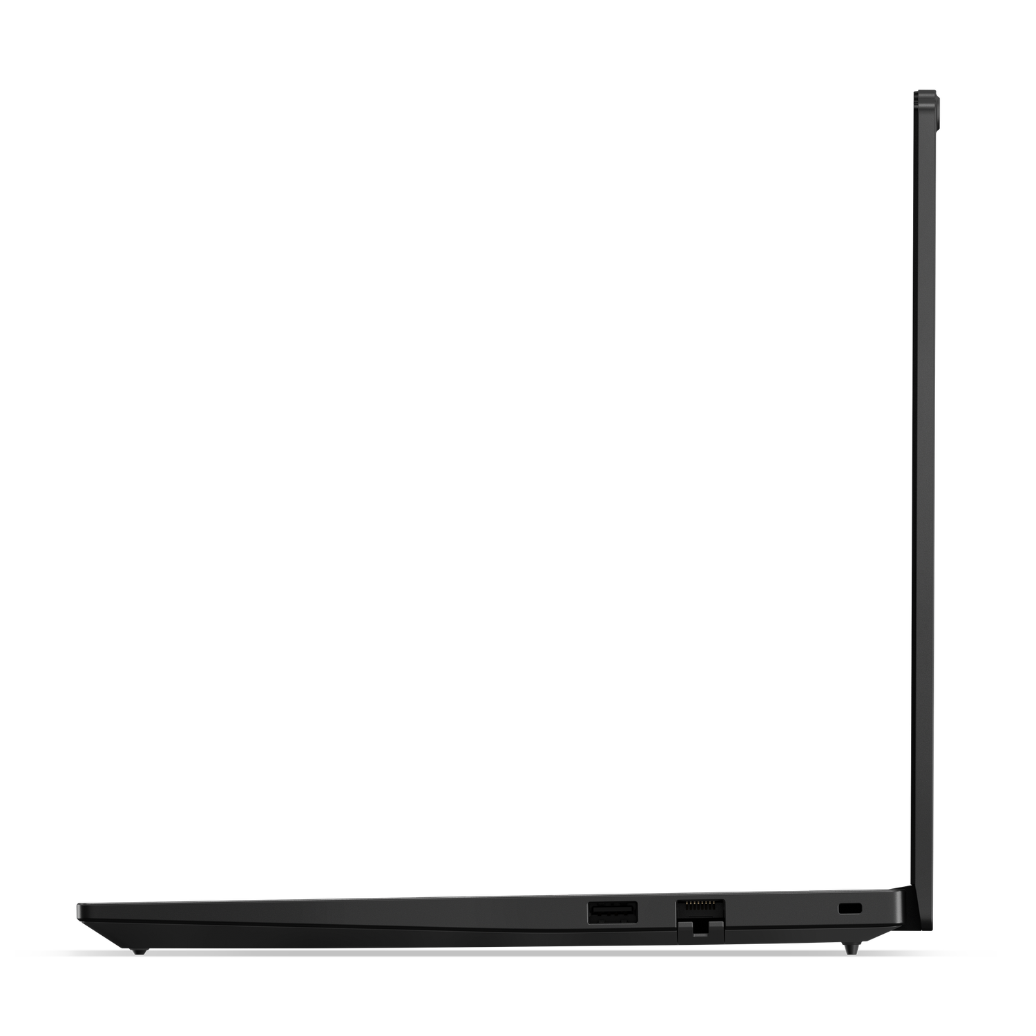 Side view of a black laptop, showing the closed screen and the edge with ports.