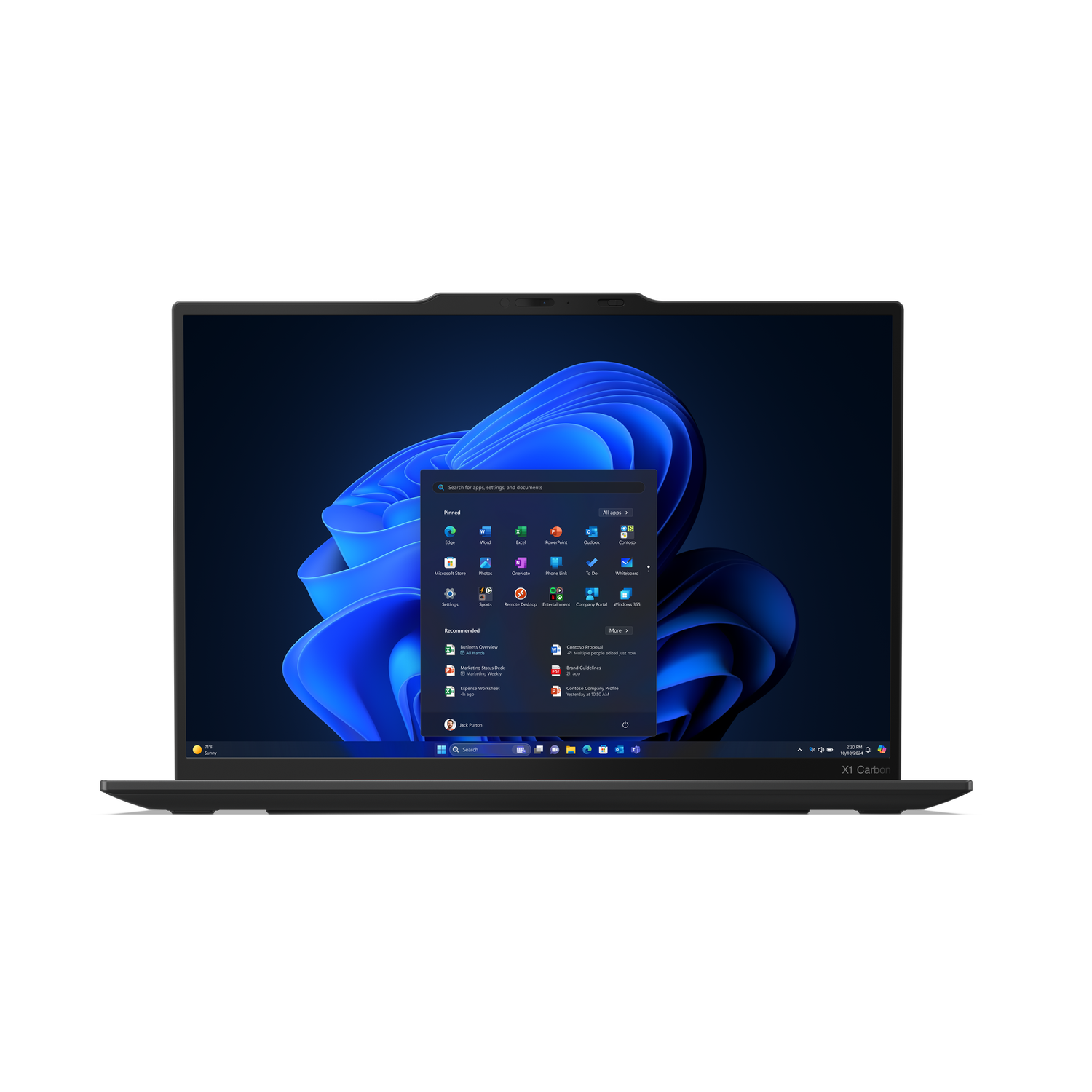 A laptop displays the Windows 11 start menu. The screen shows app icons and a blue abstract background.