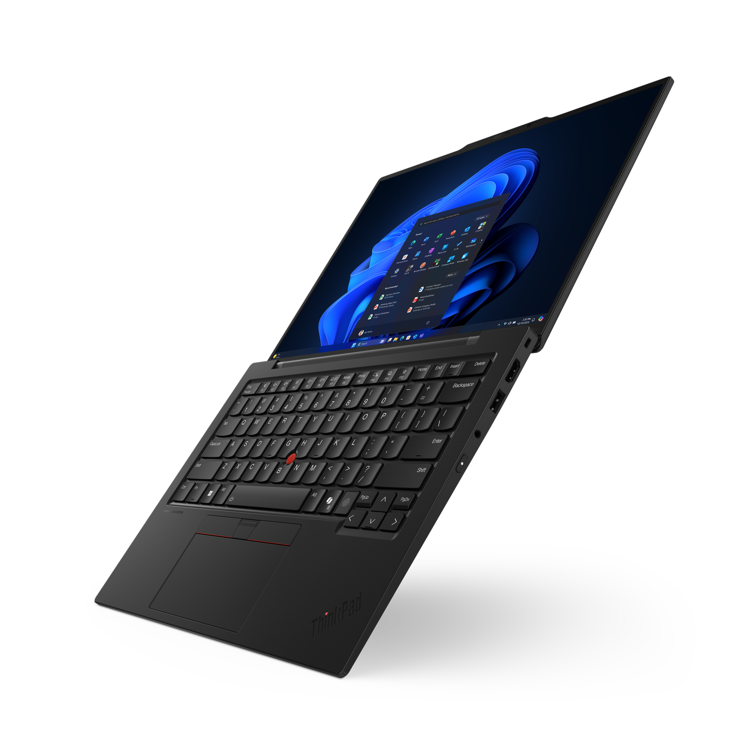 A black ThinkPad laptop is open, displaying a Windows interface. The keyboard is visible, and the screen shows app icons. The background is dark.