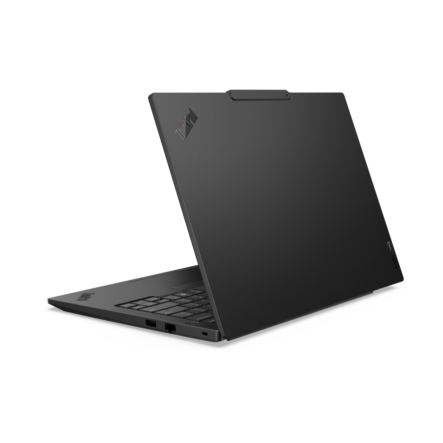 Black Lenovo ThinkPad laptop, slightly open, on a black background. The ThinkPad logo is visible.