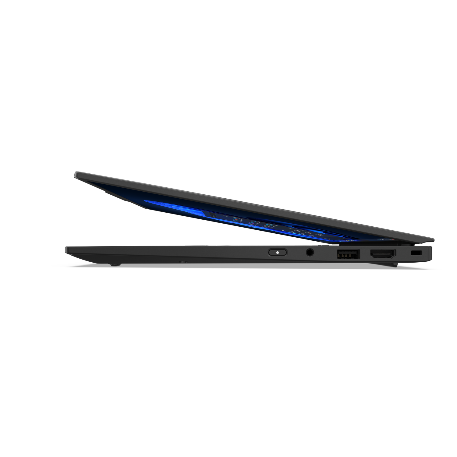 A partially open black laptop. The screen displays a blue glow. The side shows ports like USB, and HDMI against a black backdrop.