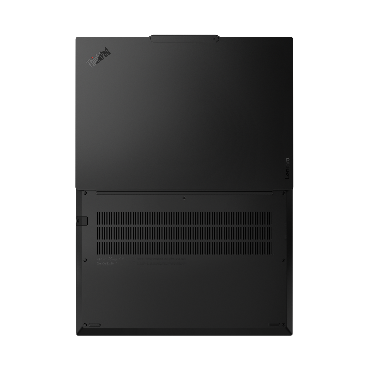 Black Lenovo ThinkPad laptop, top view. ThinkPad logo on the lid. Lenovo logo on the bottom right. Cooling vents visible.