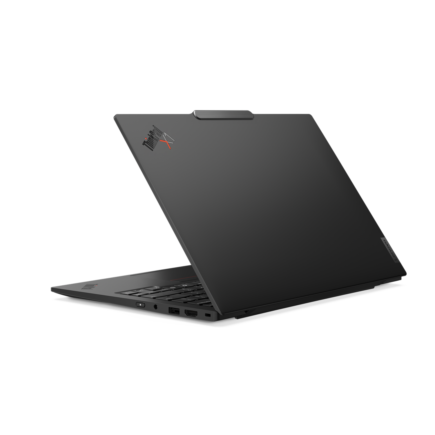 A black Lenovo ThinkPad X1 laptop is slightly open. The keyboard is visible. ThinkPad logo is on the top-left corner, in red.