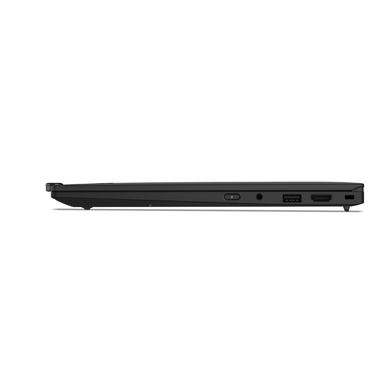 Side view of a black laptop. Visible ports include audio jack, USB, and HDMI. The laptop is on a black background.