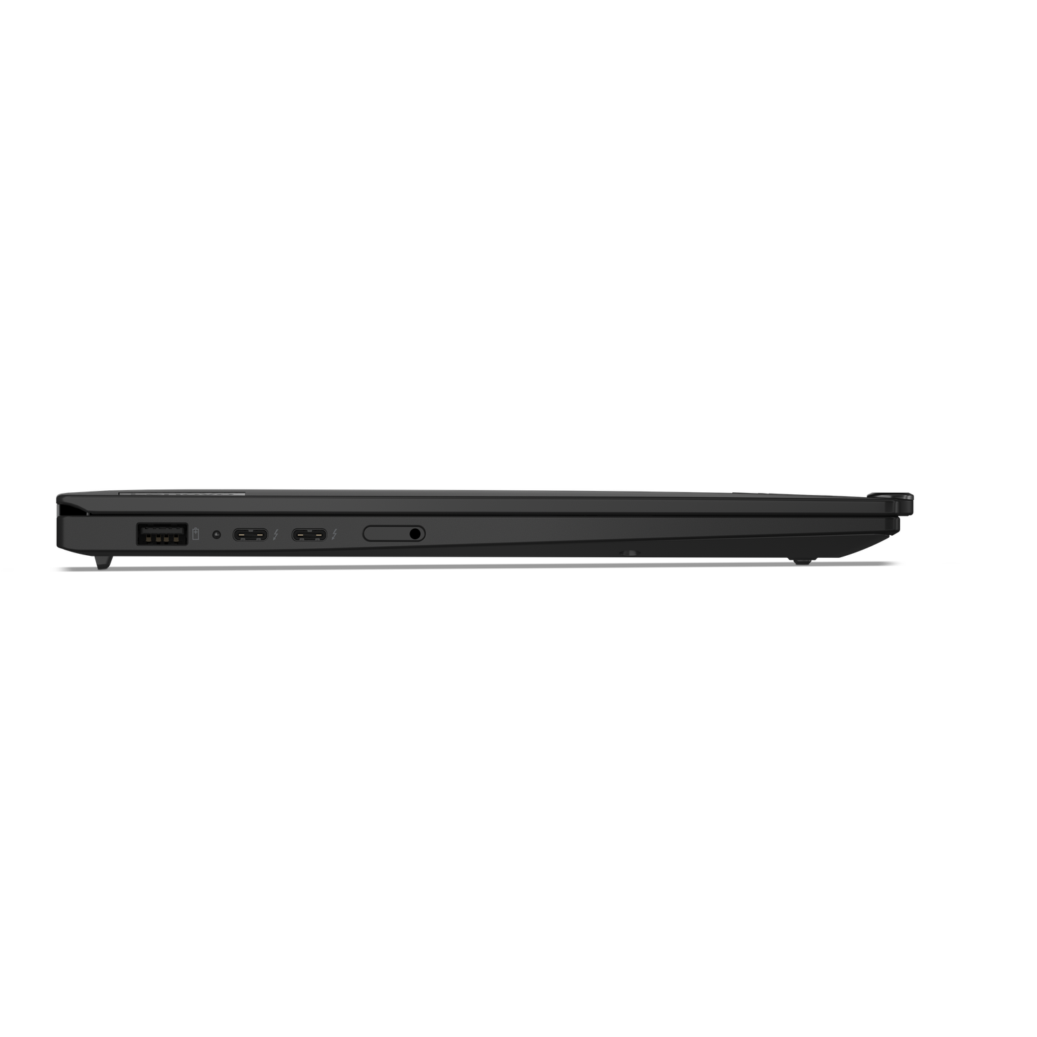 Side view of a black laptop, showing ports including USB-C, charging port, and headphone jack against a black background.
