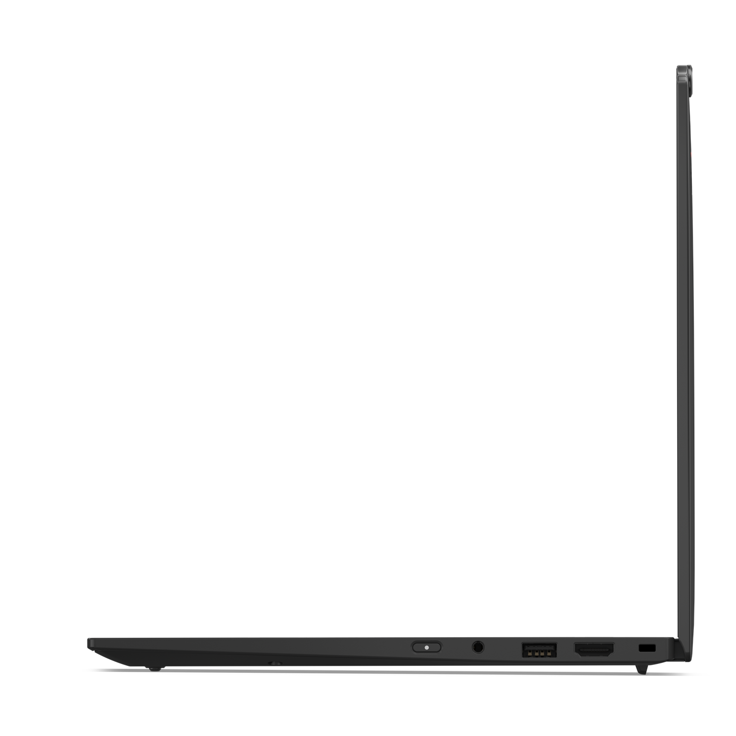 Side view of a black laptop. Visible ports include USB, HDMI, and a power input. The screen is closed, and the device is on a black surface.