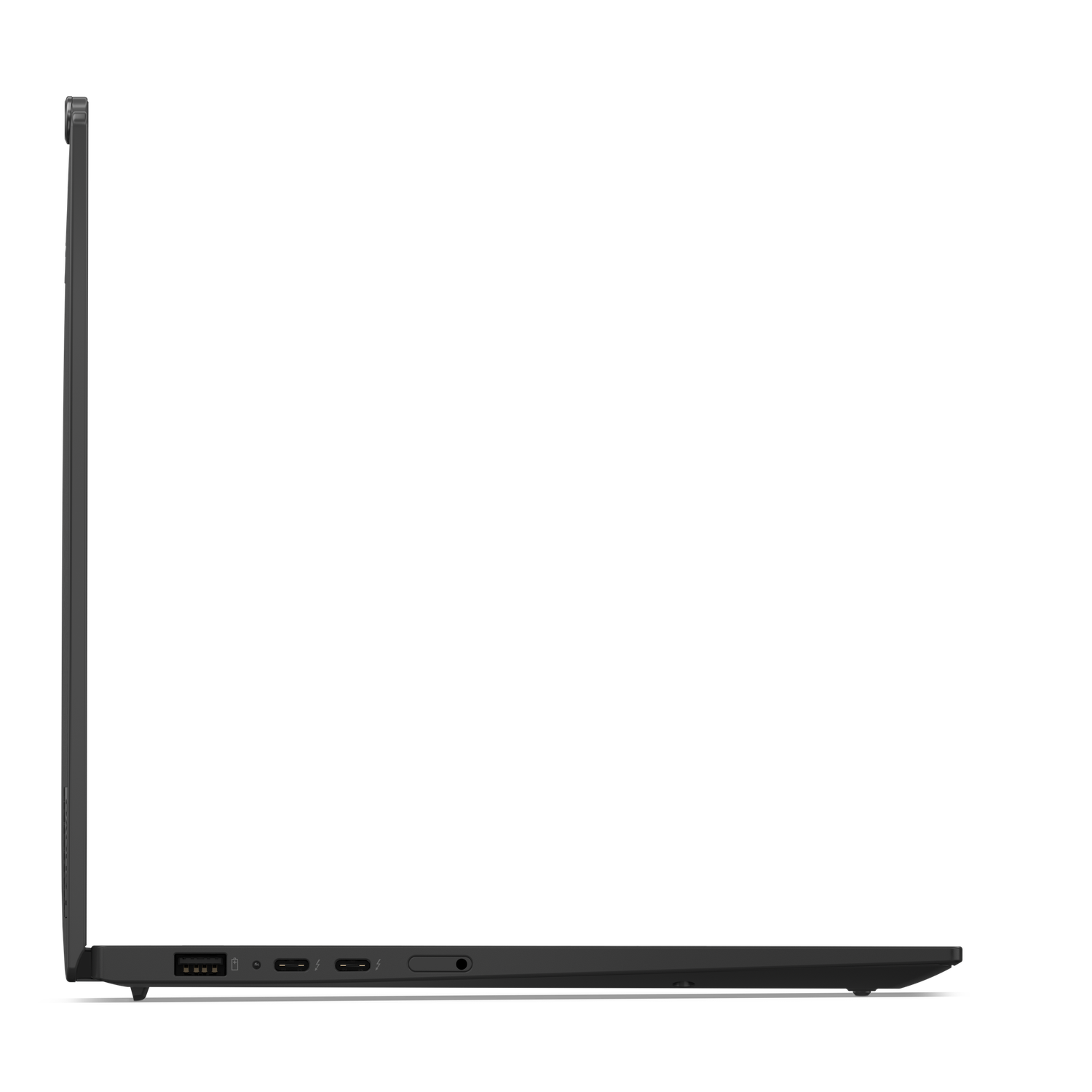 Side view of a black laptop. Visible ports include USB, USB-C, and audio jack. The screen is closed, and the background is black.