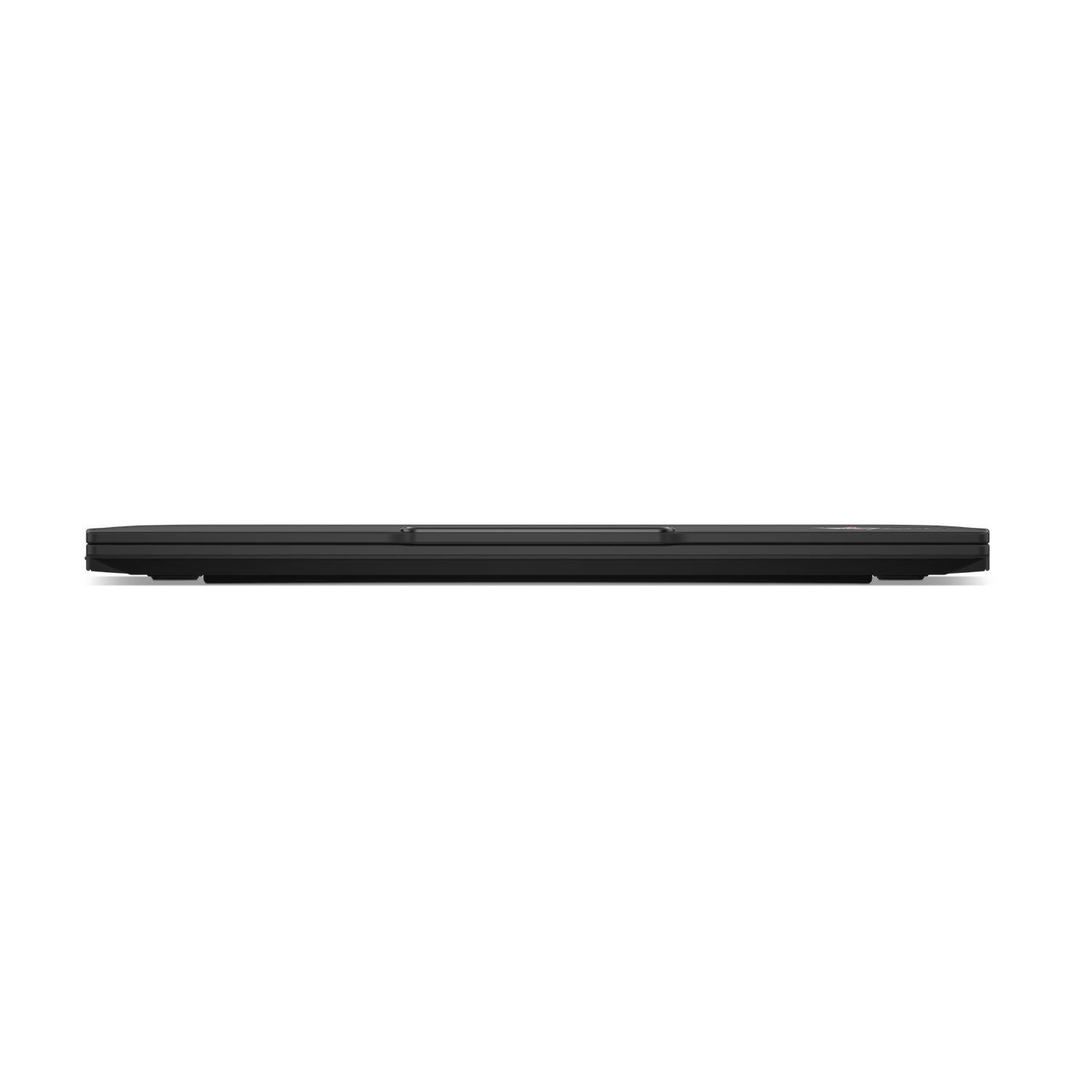 A closed, black laptop is seen against a black background. The laptop's profile is visible, with a thin, rectangular shape.