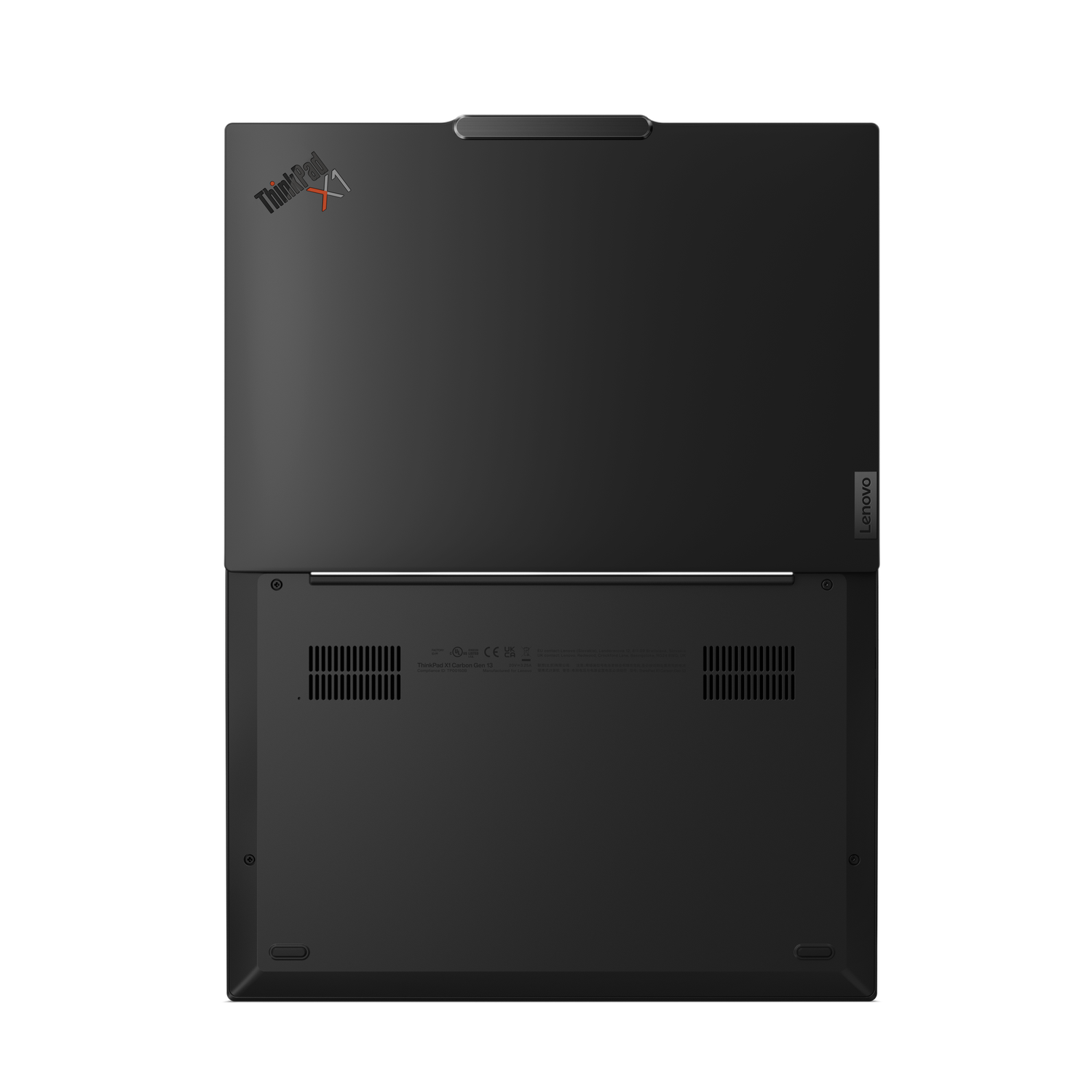Black Lenovo ThinkPad X1 Carbon Gen 13 laptop, top view, open. The logo ThinkPad X1 is visible. Lenovo logo is on the right.