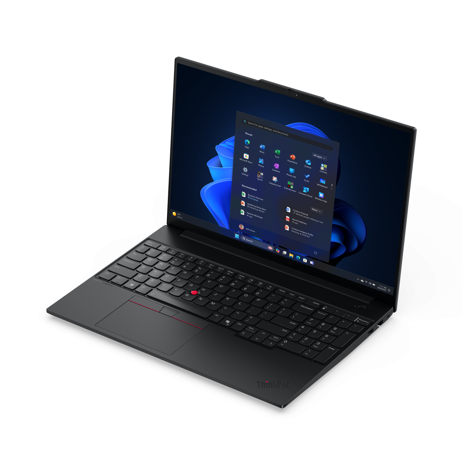 Un ordinateur portable ThinkPad noir sur une surface noire. L'écran affiche le menu Démarrer de Windows 11.