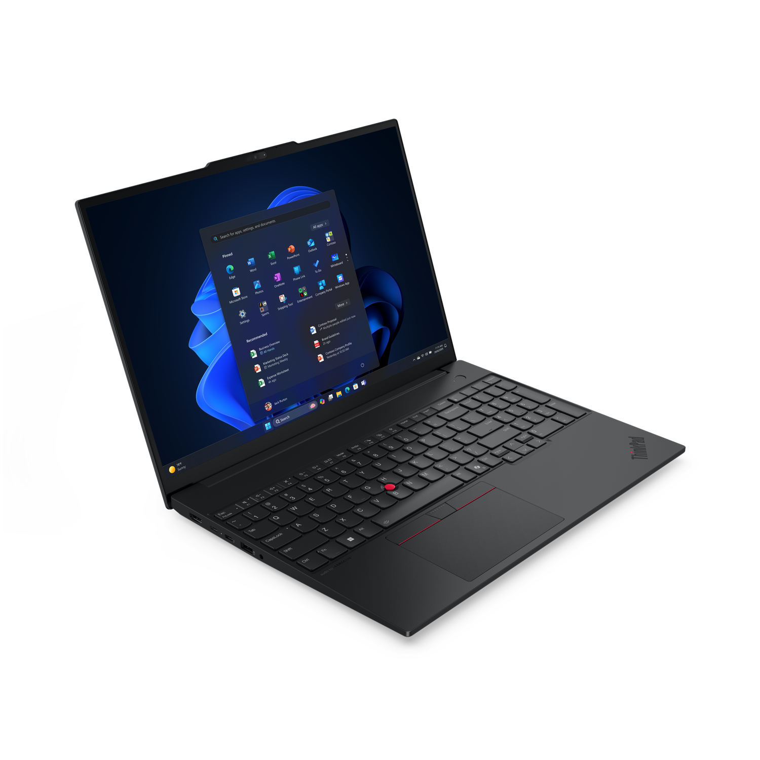 Un ordinateur portable ThinkPad noir est ouvert, affichant l'écran d'accueil de Windows 11. Le clavier et le pavé tactile sont visibles, sur fond noir.