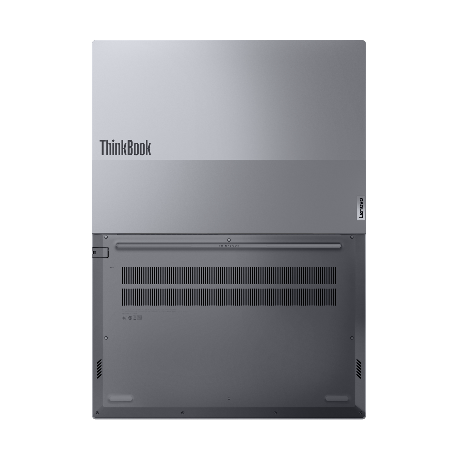 Bovenaanzicht van een grijze ThinkBook-laptop. Het ThinkBook-logo is zichtbaar. Het Lenovo-logo staat aan de rechterkant. De onderkant toont ventilatieopeningen en schroeven.