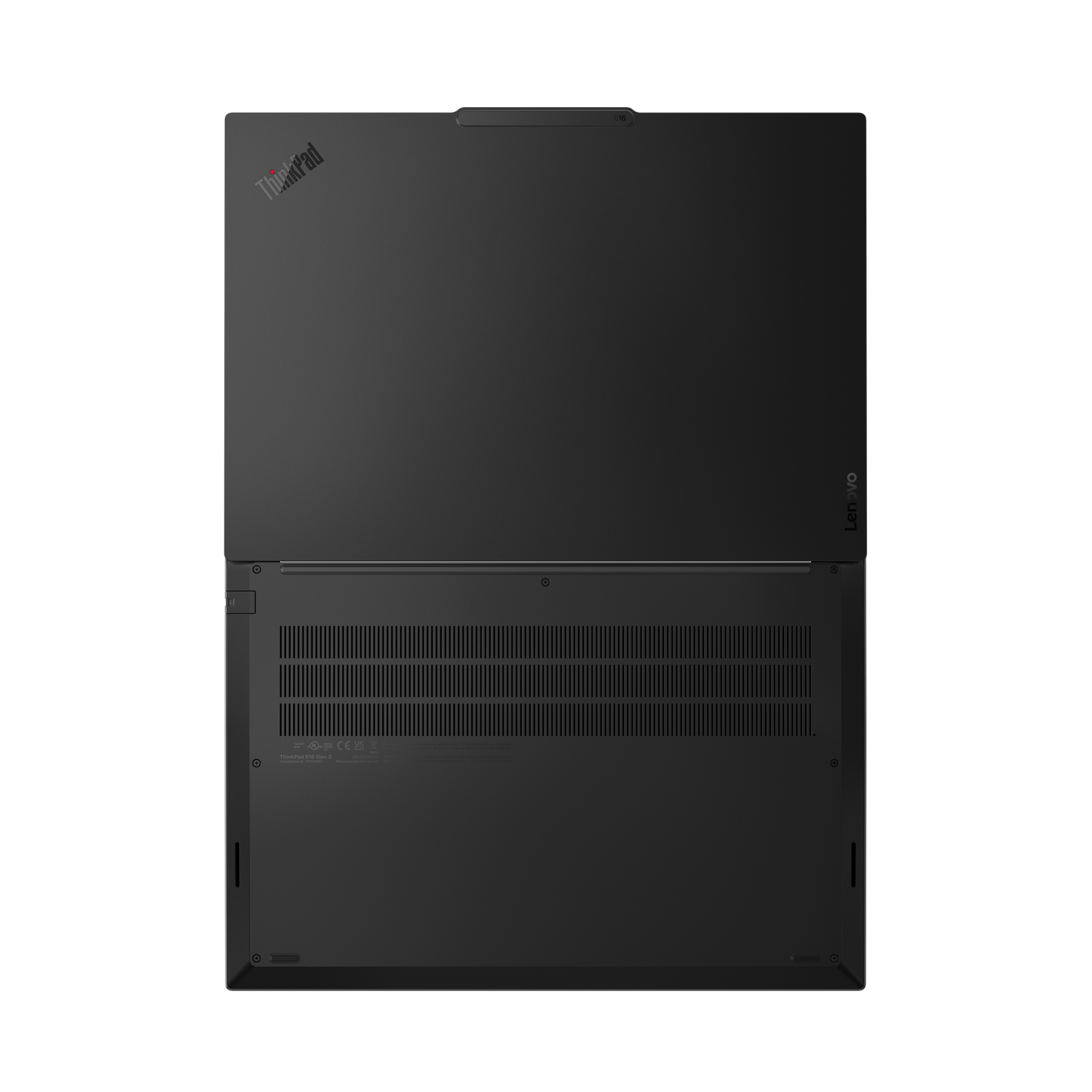 Vue de dessus d'un ordinateur portable Lenovo ThinkPad noir. Le couvercle est ouvert. Le logo ThinkPad est visible.