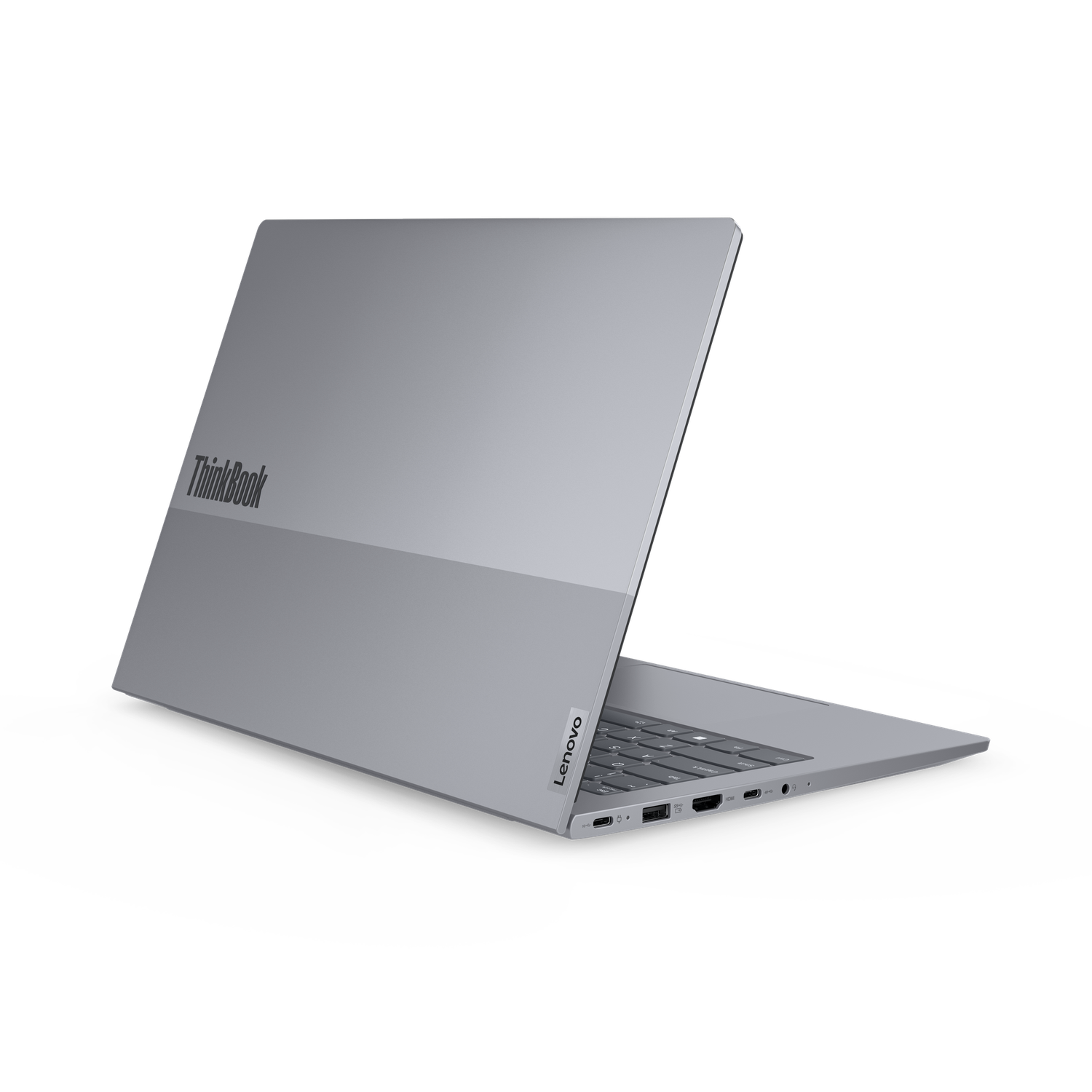 Een grijze Lenovo ThinkBook laptop is open, met het toetsenbord en de poorten zichtbaar. Het Lenovo-logo is zichtbaar.