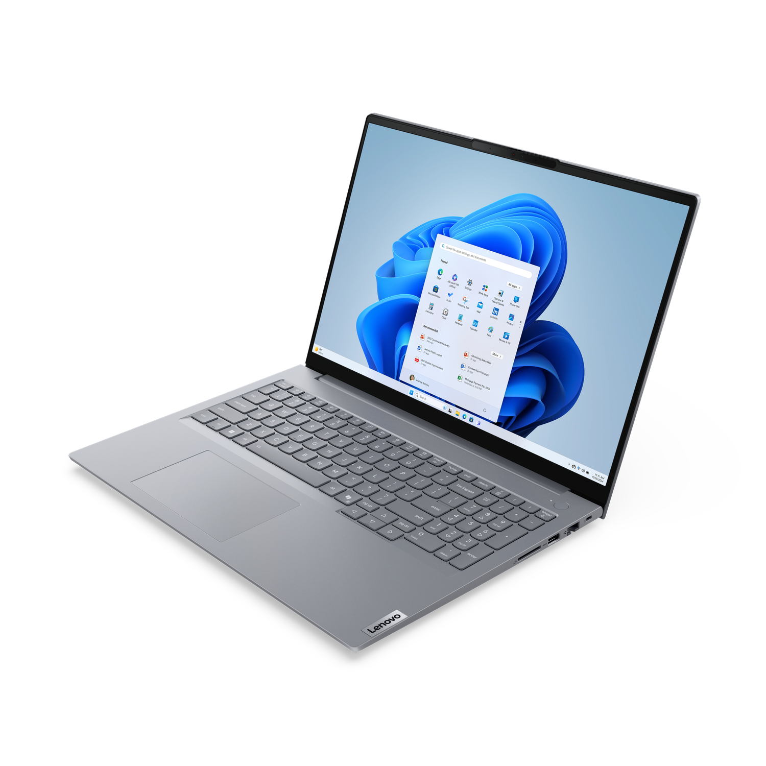 Een zilveren Lenovo laptop is open, met de Windows 11 interface. Het scherm toont app-iconen en een blauwe achtergrond.