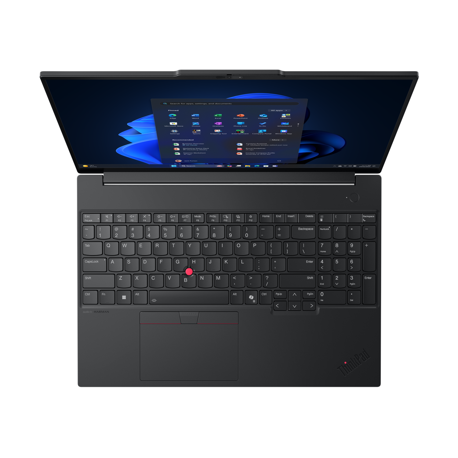 Een zwarte ThinkPad laptop is open, met het Windows startmenu. Het toetsenbord en touchpad zijn zichtbaar.