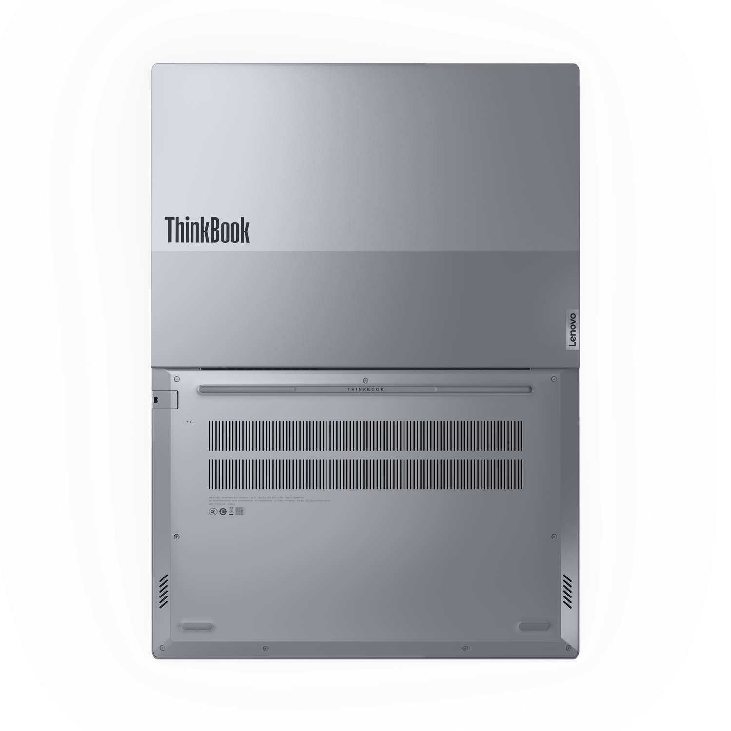 Een zilveren Lenovo ThinkBook laptop, geopend om het toetsenbordgedeelte te laten zien. Het ThinkBook-logo is zichtbaar. De achtergrond is grijs.
