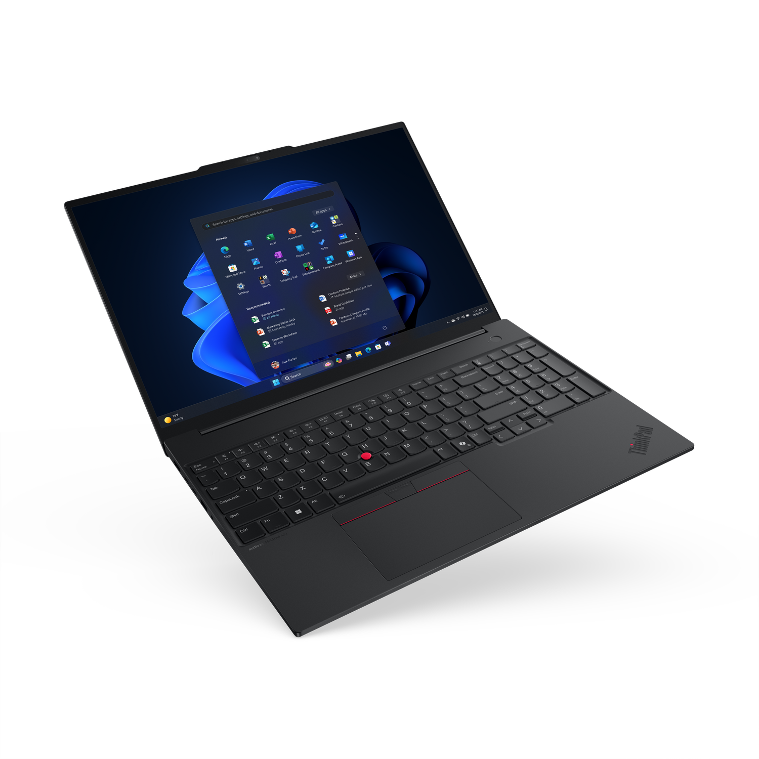 Zwarte ThinkPad laptop open, met Windows 11 interface. Toetsenbord zichtbaar, met rode trackpoint, zwarte achtergrond.