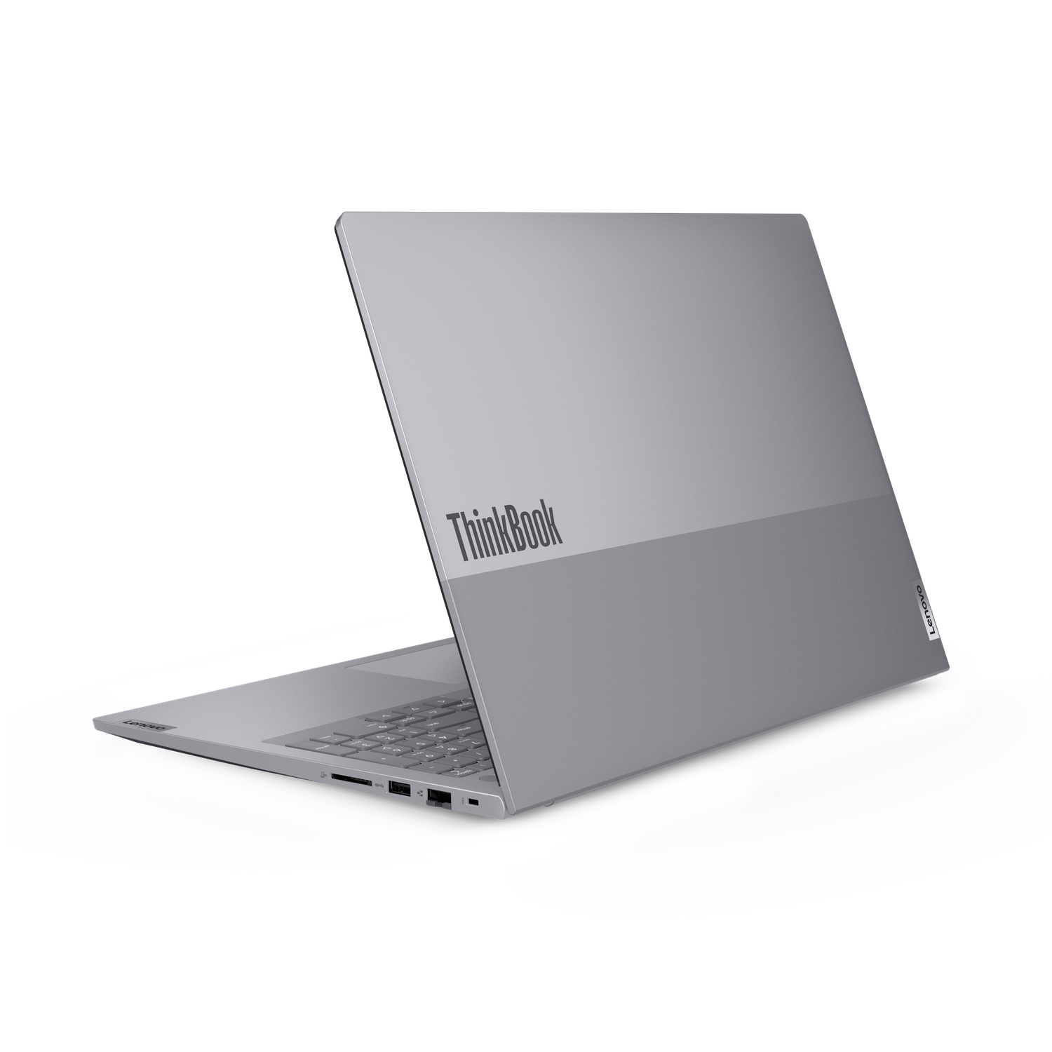 Een zilveren Lenovo ThinkBook-laptop staat open op een zwarte achtergrond. Het scherm is gekanteld en toont het toetsenbord en het ThinkBook-logo.