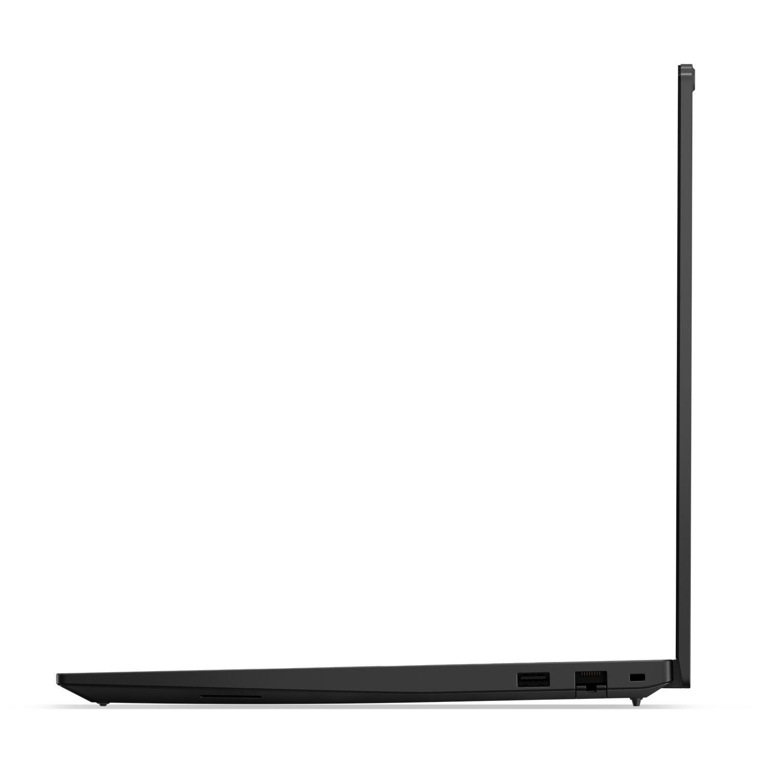 Zijaanzicht van een zwarte laptop. Het scherm is gesloten en de poorten zijn zichtbaar.