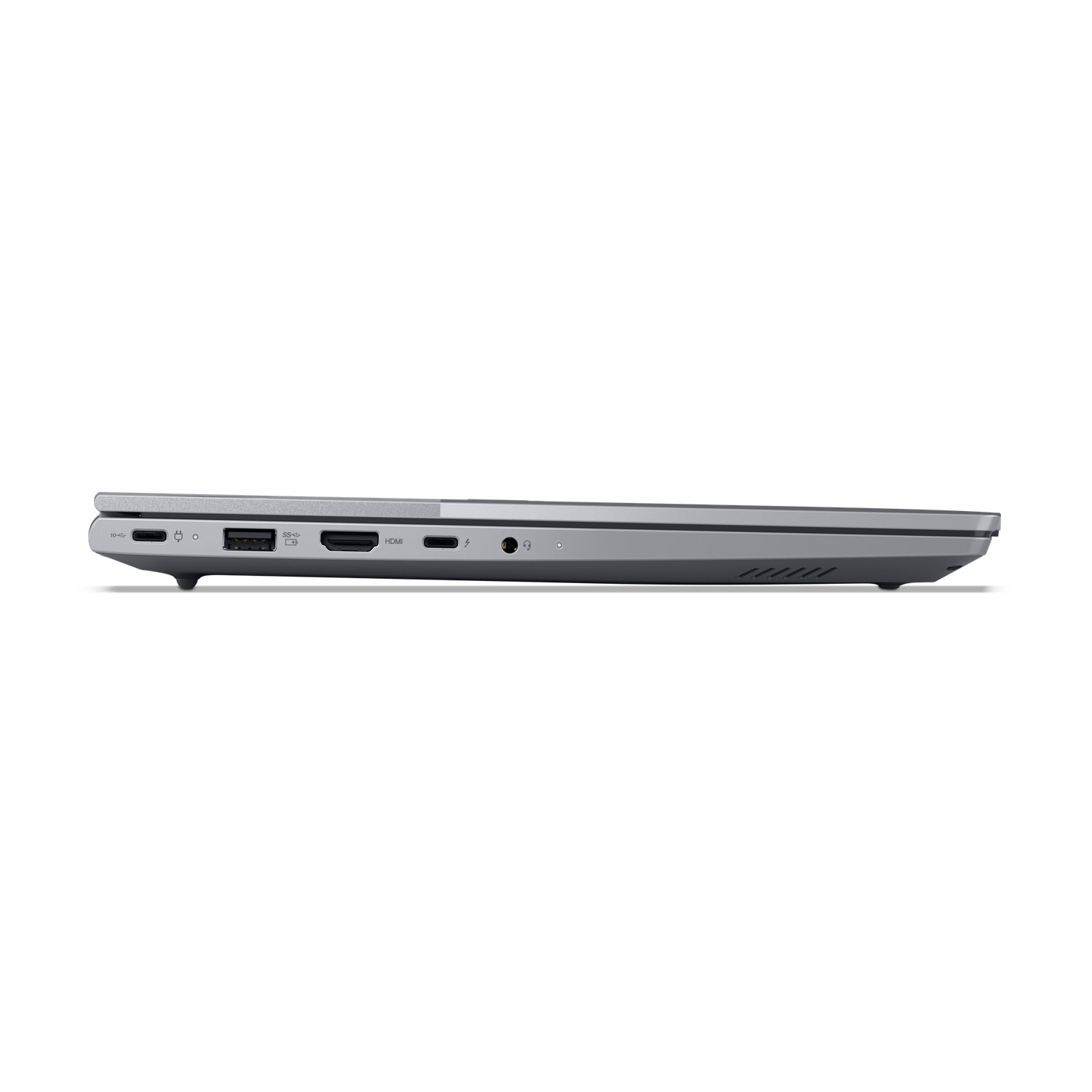 Side view of a silver laptop against a black background. Ports and vents are visible along the side.