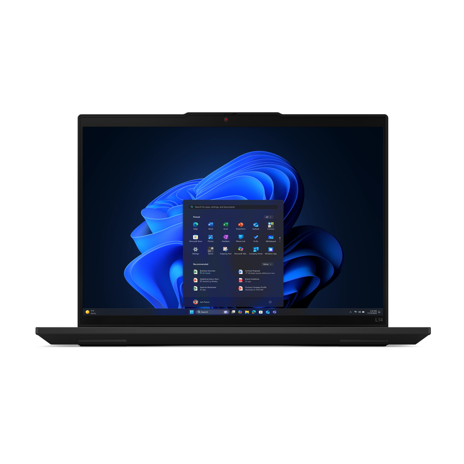 Un ordinateur portable noir affiche un bureau Windows 11 avec un fond d'écran bleu abstrait. Le menu Démarrer est ouvert.