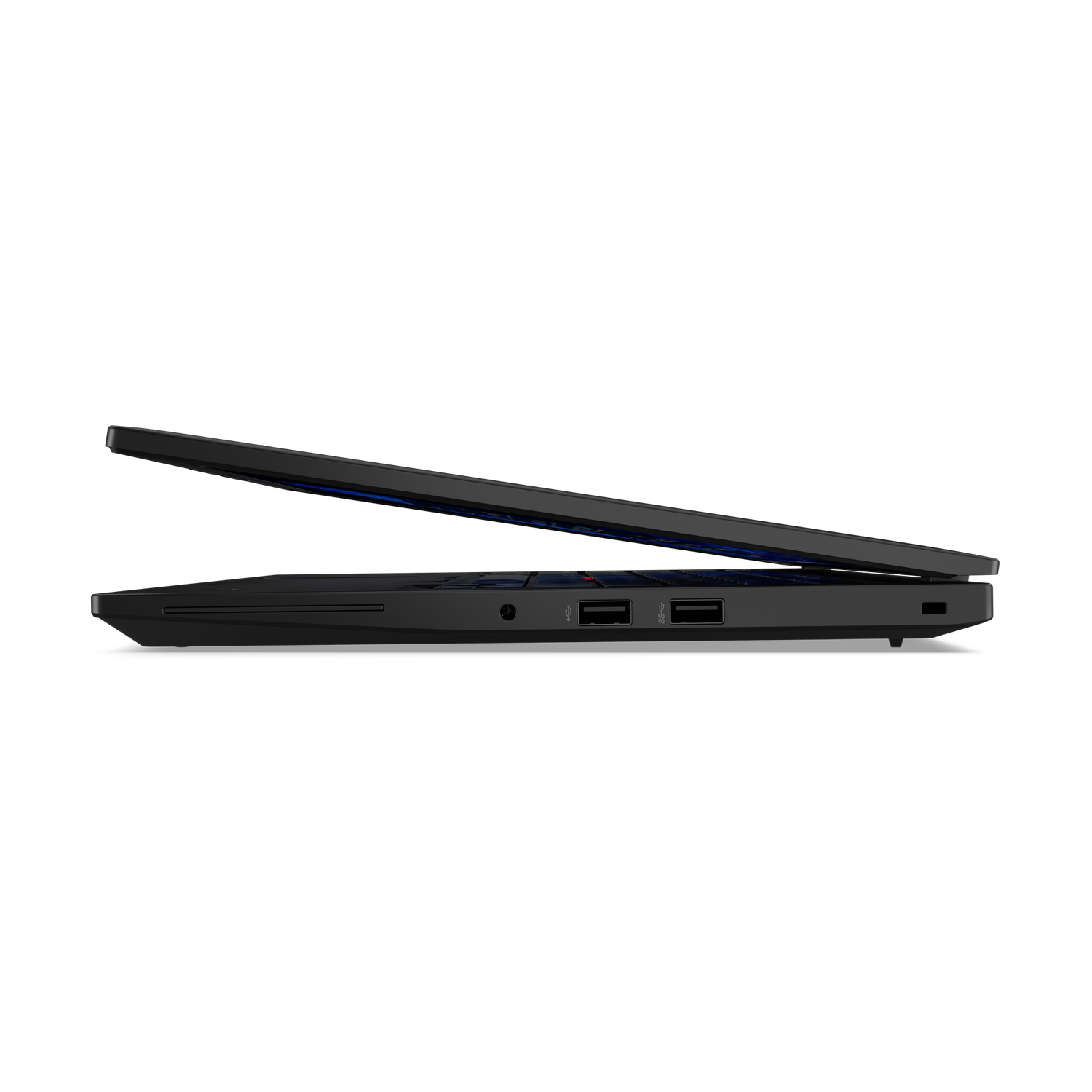 Vue latérale d'un ordinateur portable noir, légèrement ouvert, révélant un clavier bleu et des ports. Le fond est noir.